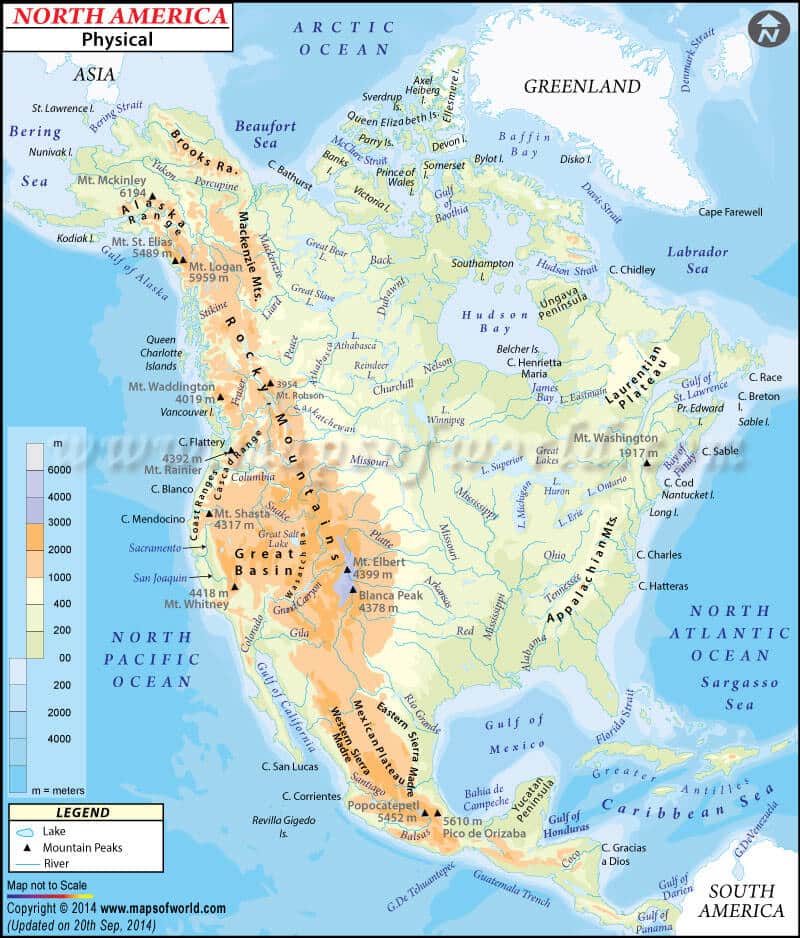 उत्तरी अमेरिका का भौतिक मानचित्र