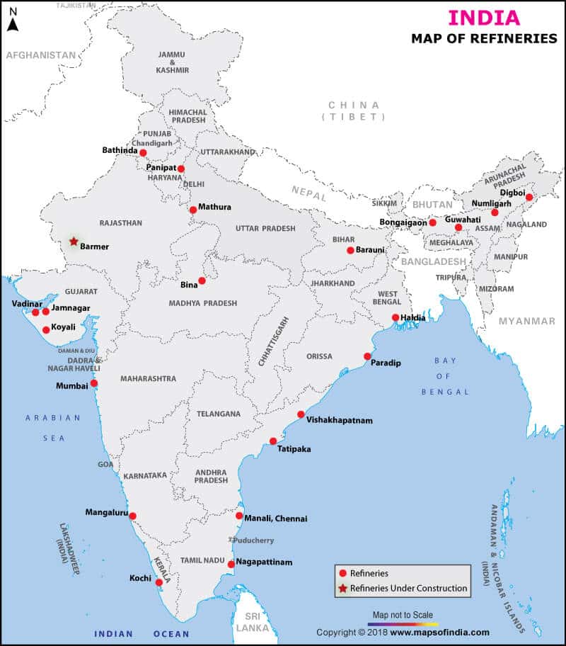 map of refineries in india