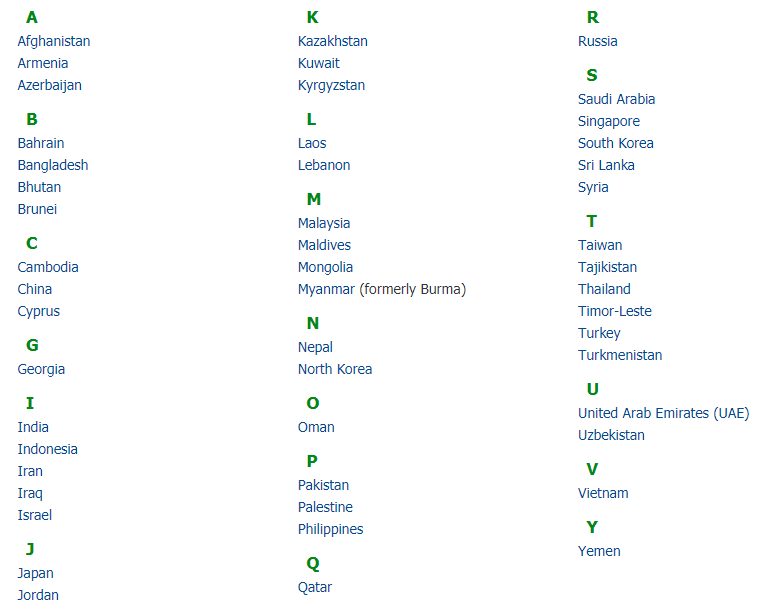 list of countries in Asia