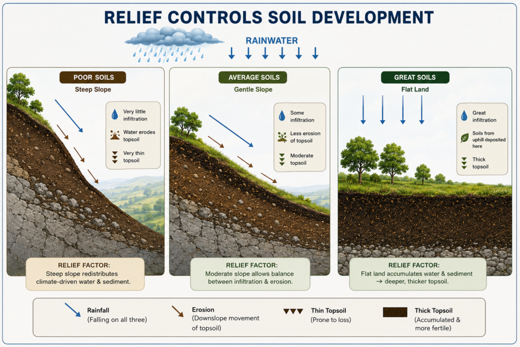 Relief factors shaping soil development