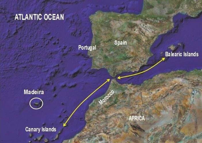 Iberian Peninsula Balearic Islands Madeira Canary Islands and North Africa map