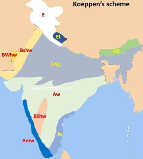 भारत के जलवायु क्षेत्रों का कोप्पेन्स वर्गीकरण
