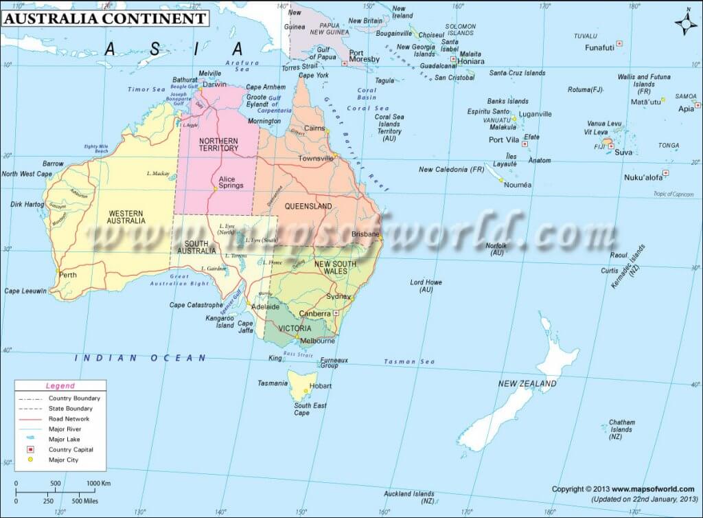 ऑस्ट्रेलिया महाद्वीप का राजनीतिक मानचित्र
