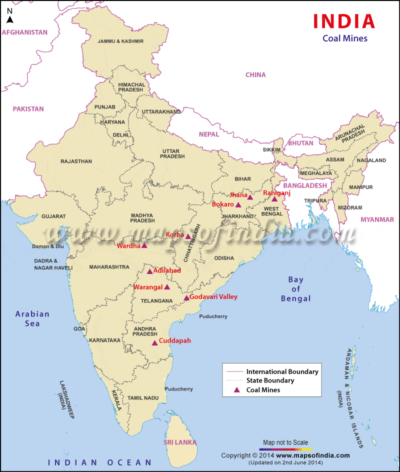 भारत के मानचित्र में कोयला क्षेत्र