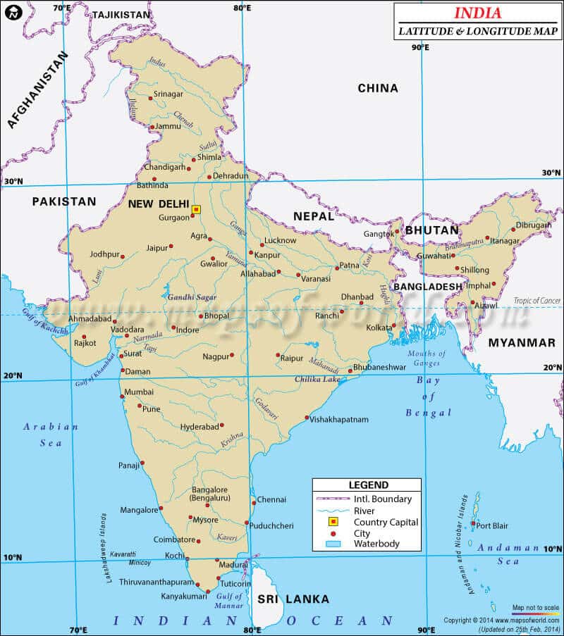 भारत के मानचित्र का अक्षांश
