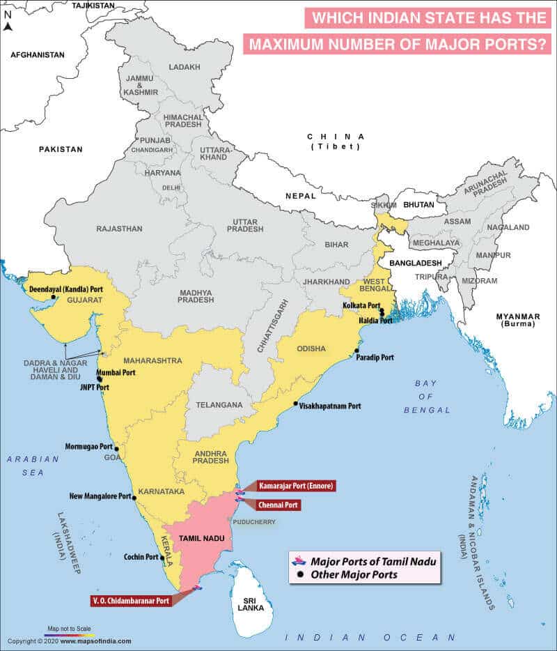 map of india showing the state having the maximum number of major ports
