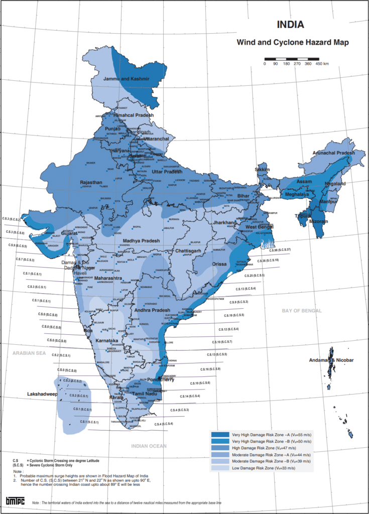 भारत में पवन और चक्रवात खतरा मानचित्र