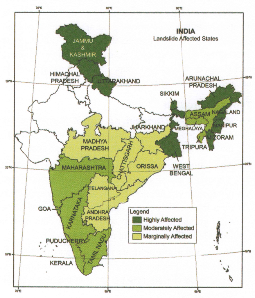 भारत के मानचित्र में भूस्खलन संवेदनशील क्षेत्र