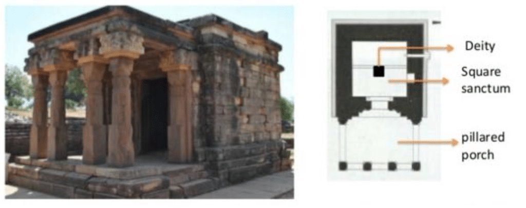 square sanctum and pillared porch