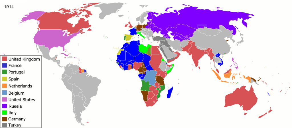 Map of the world in 1914 before the start of World War I