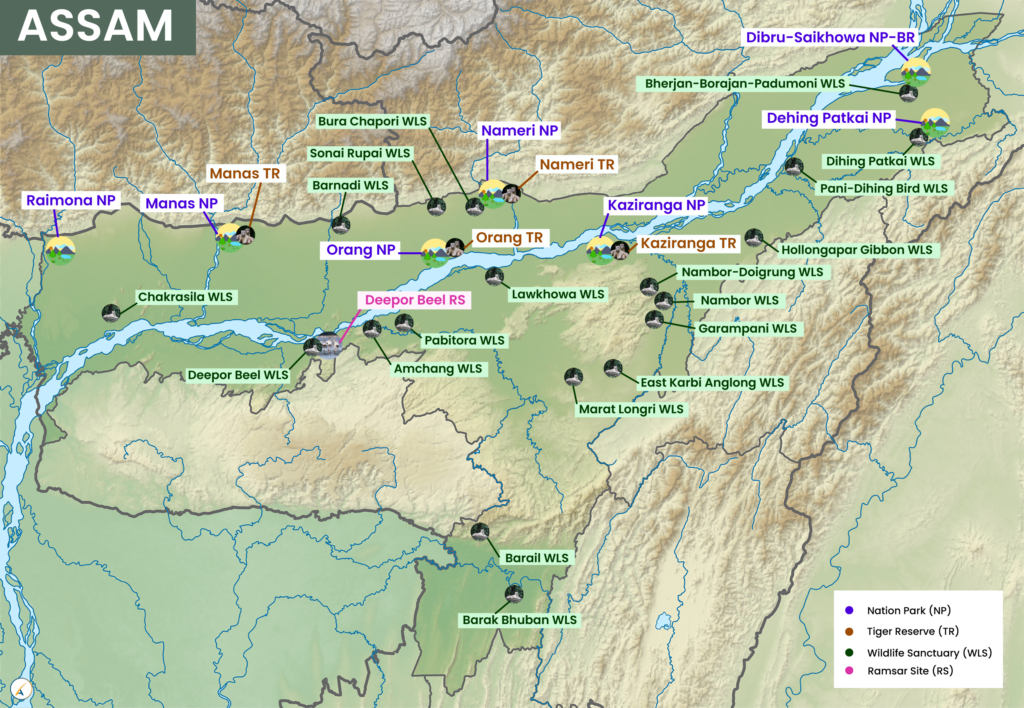 Assam National Parks, Tiger Reserves, Wildlife Sanctuaries & Ramsar Sites Map