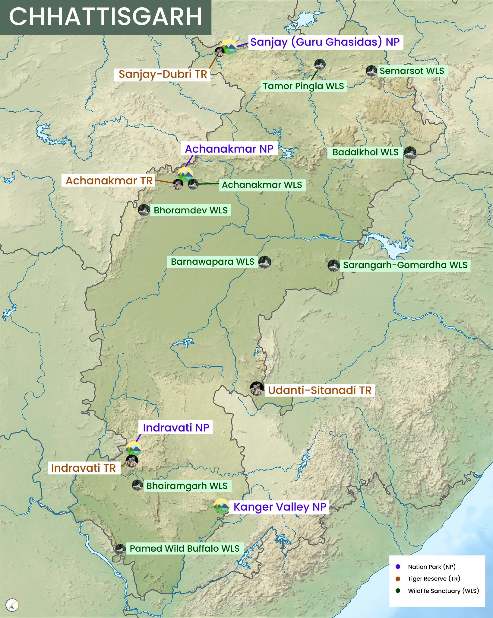 Chhattisgarh National Parks, Tiger Reserves and Wildlife Sanctuaries Map