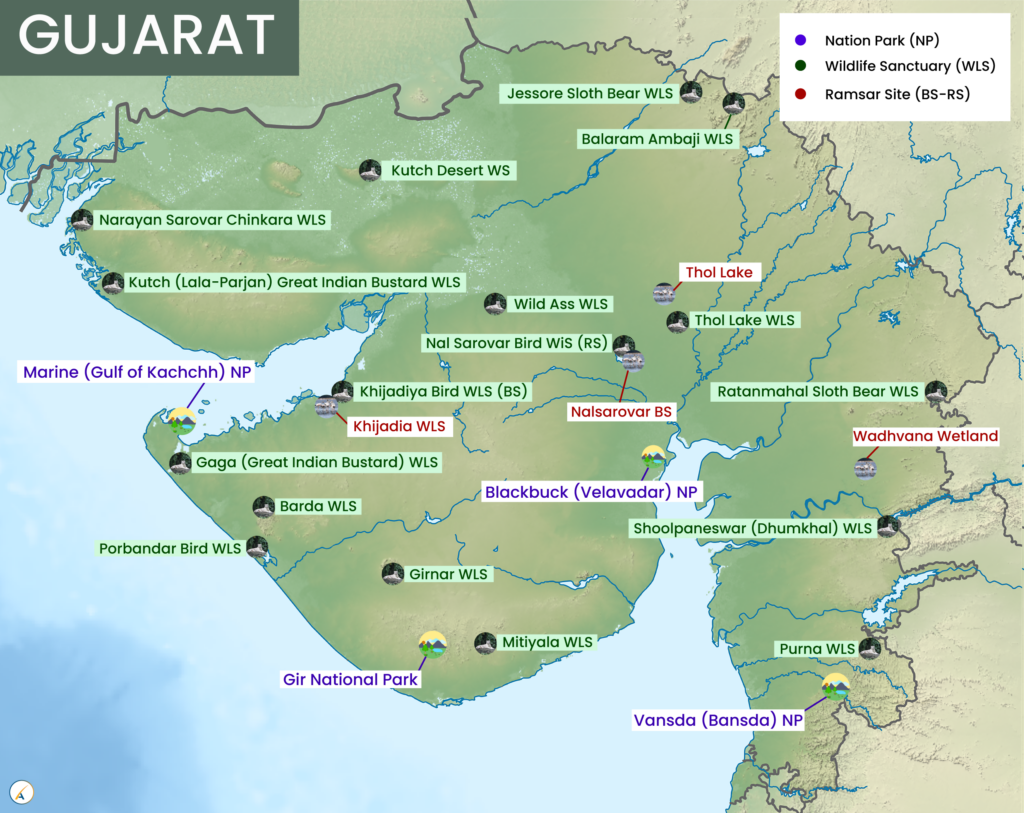 Gujarat National Parks, Wildlife Sanctuaries & Ramsar Sites Map
