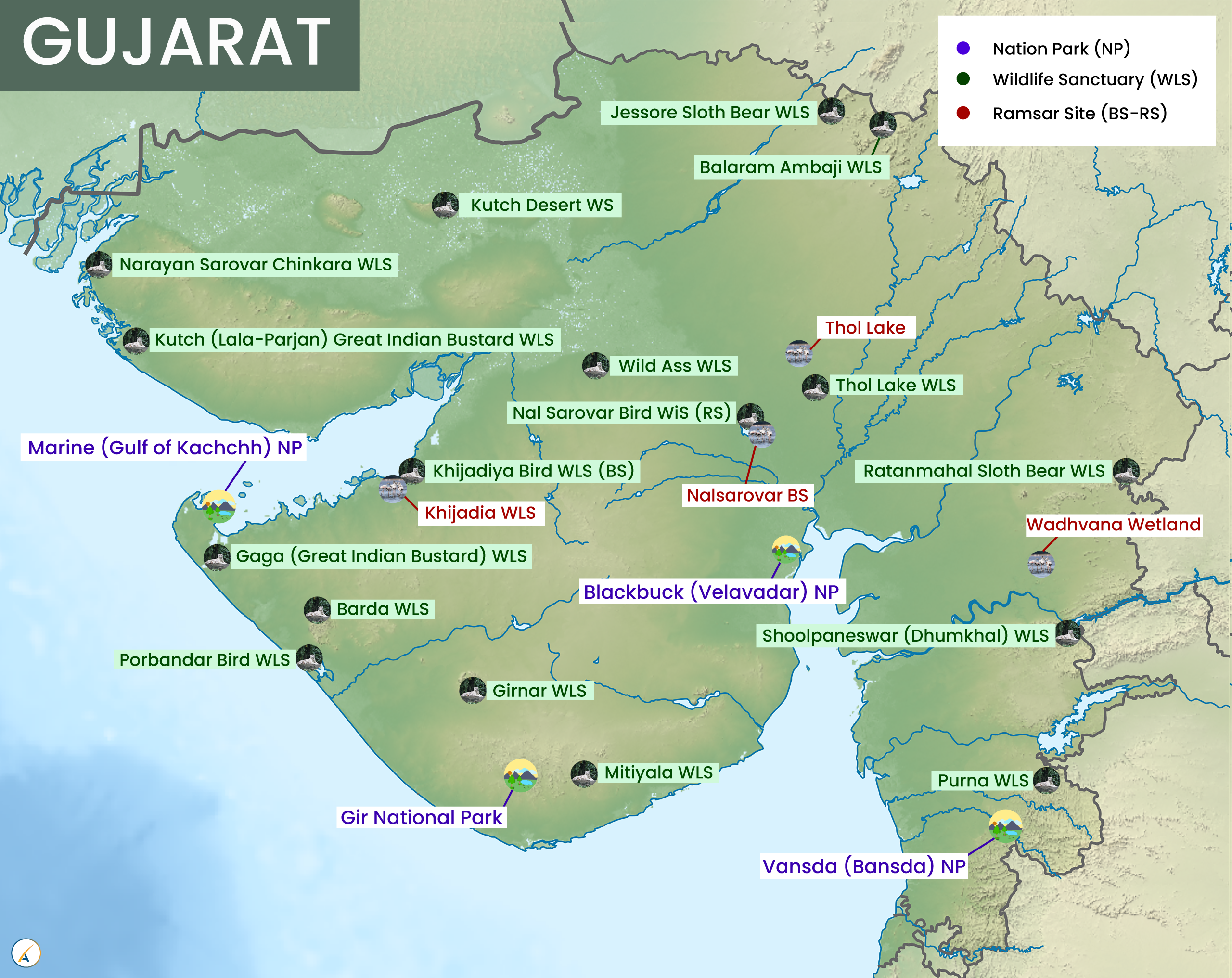 Gujarat National Parks, Wildlife Sanctuaries & Ramsar Sites Map