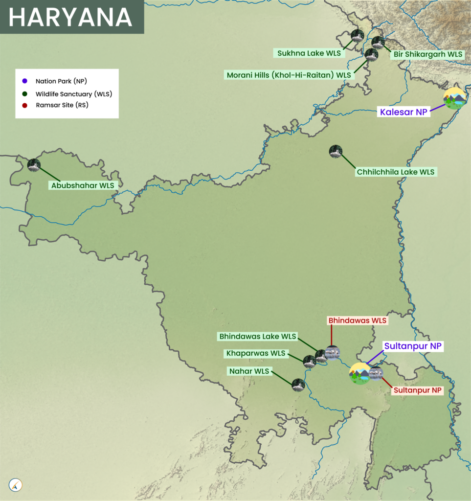 Haryana National Parks, Wildlife Sanctuaries & Ramsar Sites Map