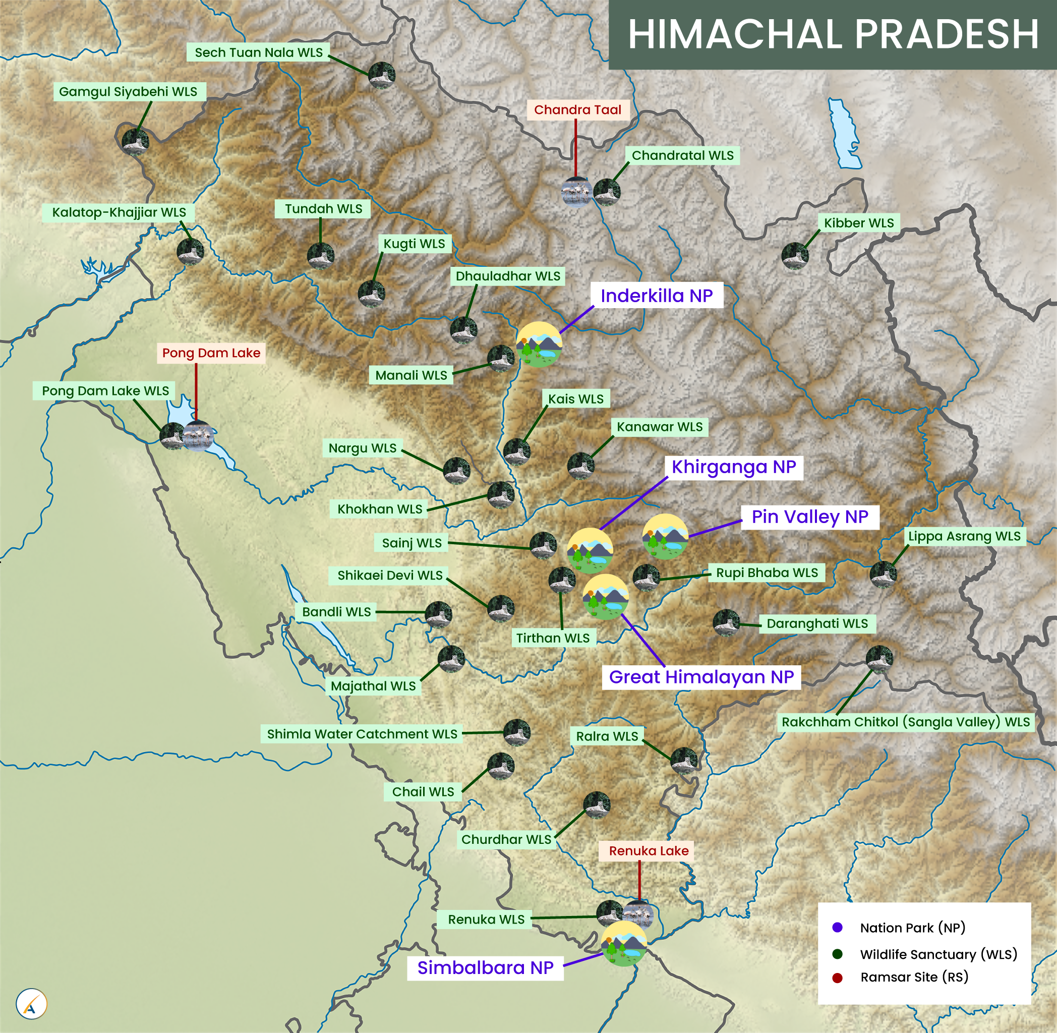 Himachal Pradesh National Parks, Wildlife Sanctuaries & Ramsar Sites Map