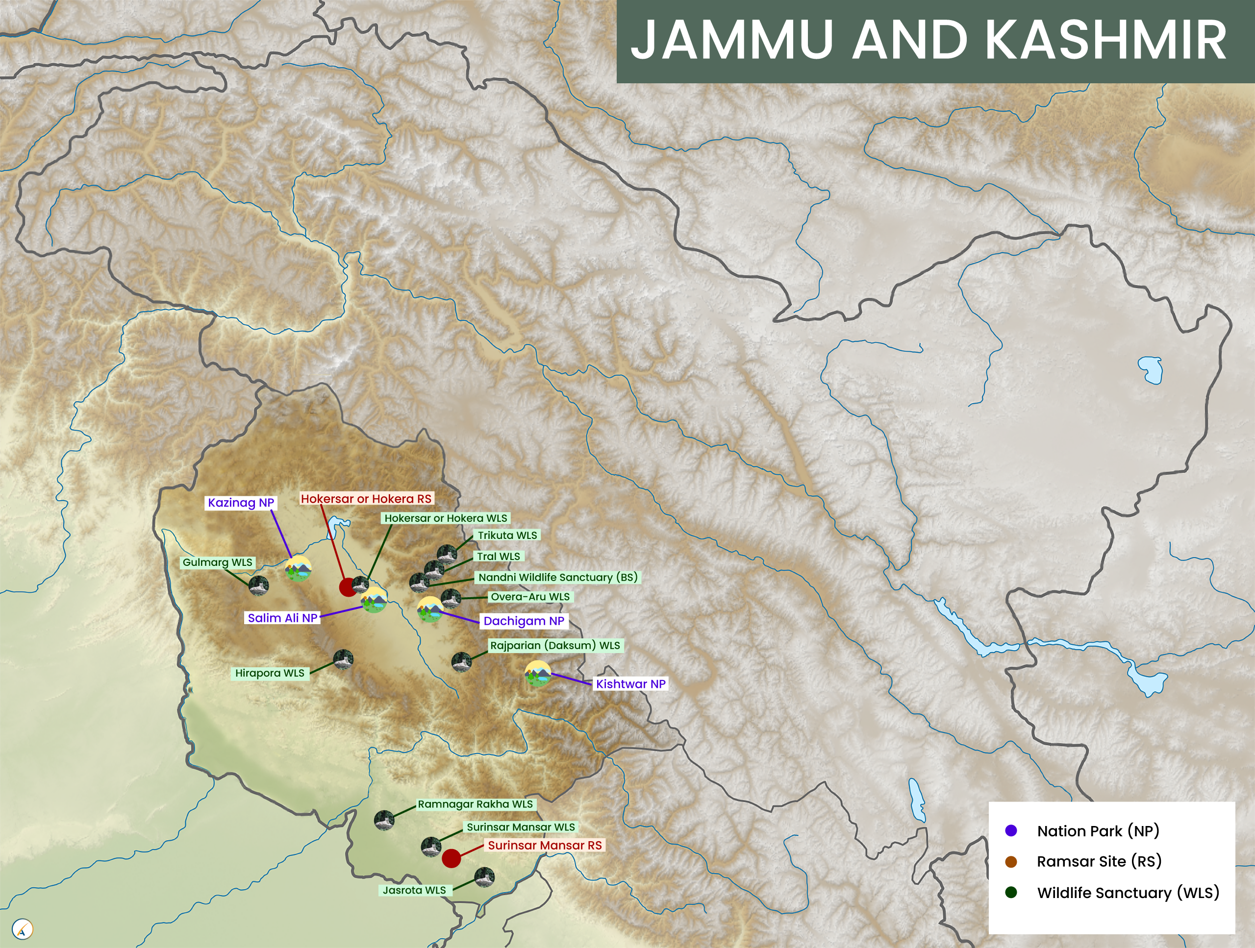 Jammu and Kashmir National Parks, Wildlife Sanctuaries & Ramsar Sites Map