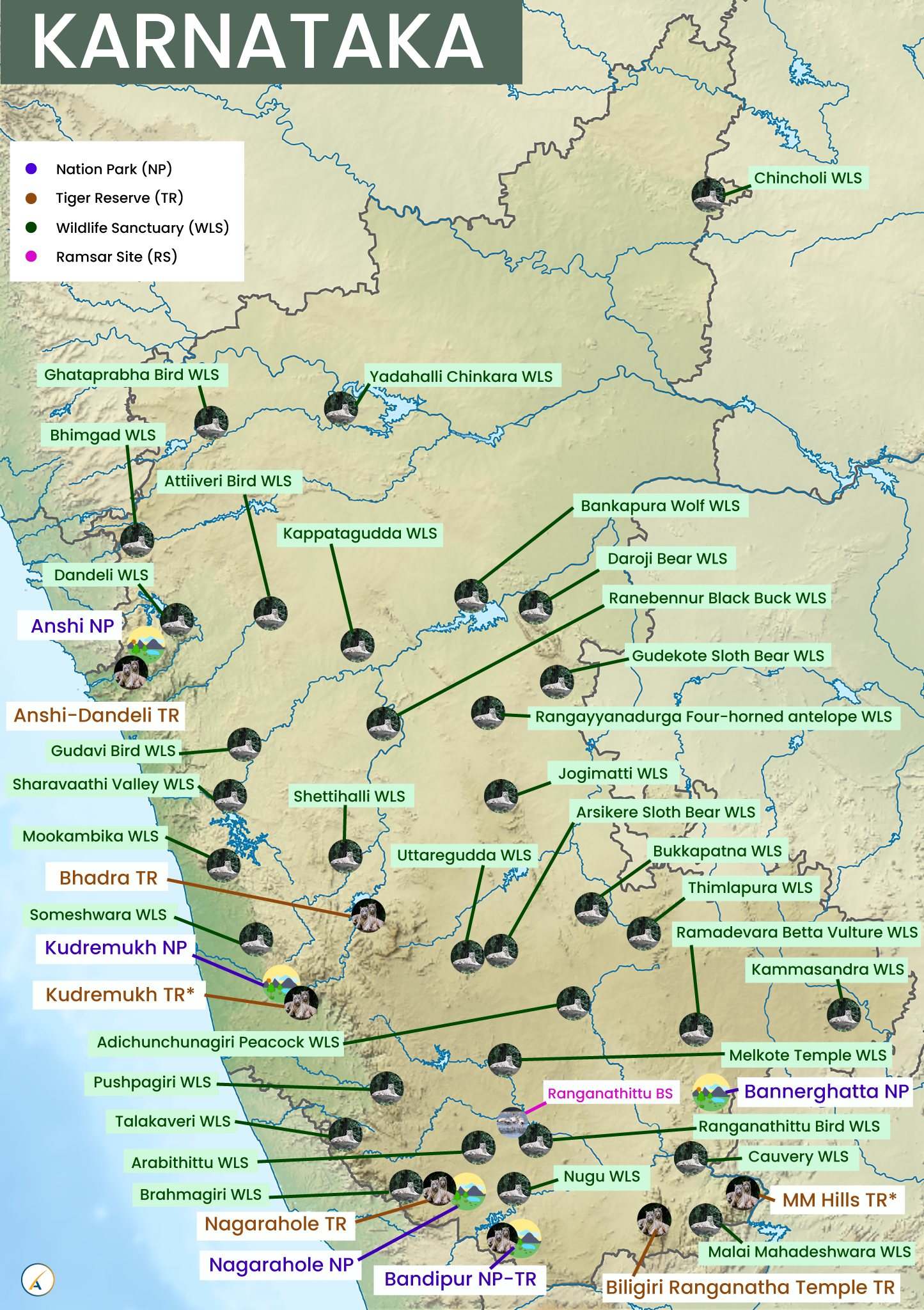 Karnataka National Parks, Tiger Reserves, Wildlife Sanctuaries & Ramsar Sites Map
