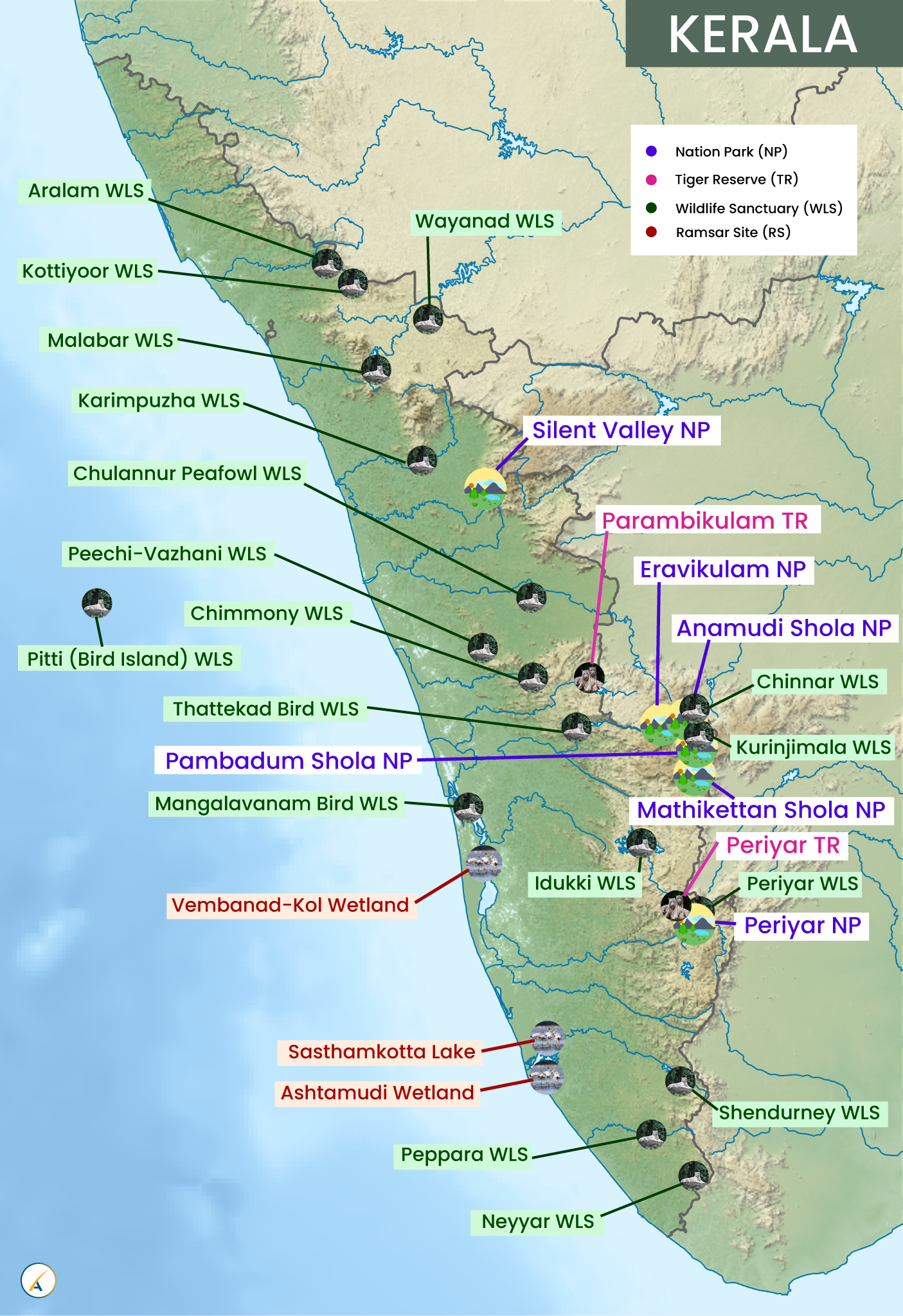 Kerala National Parks, Tiger Reserves, Wildlife Sanctuaries & Ramsar Sites Map