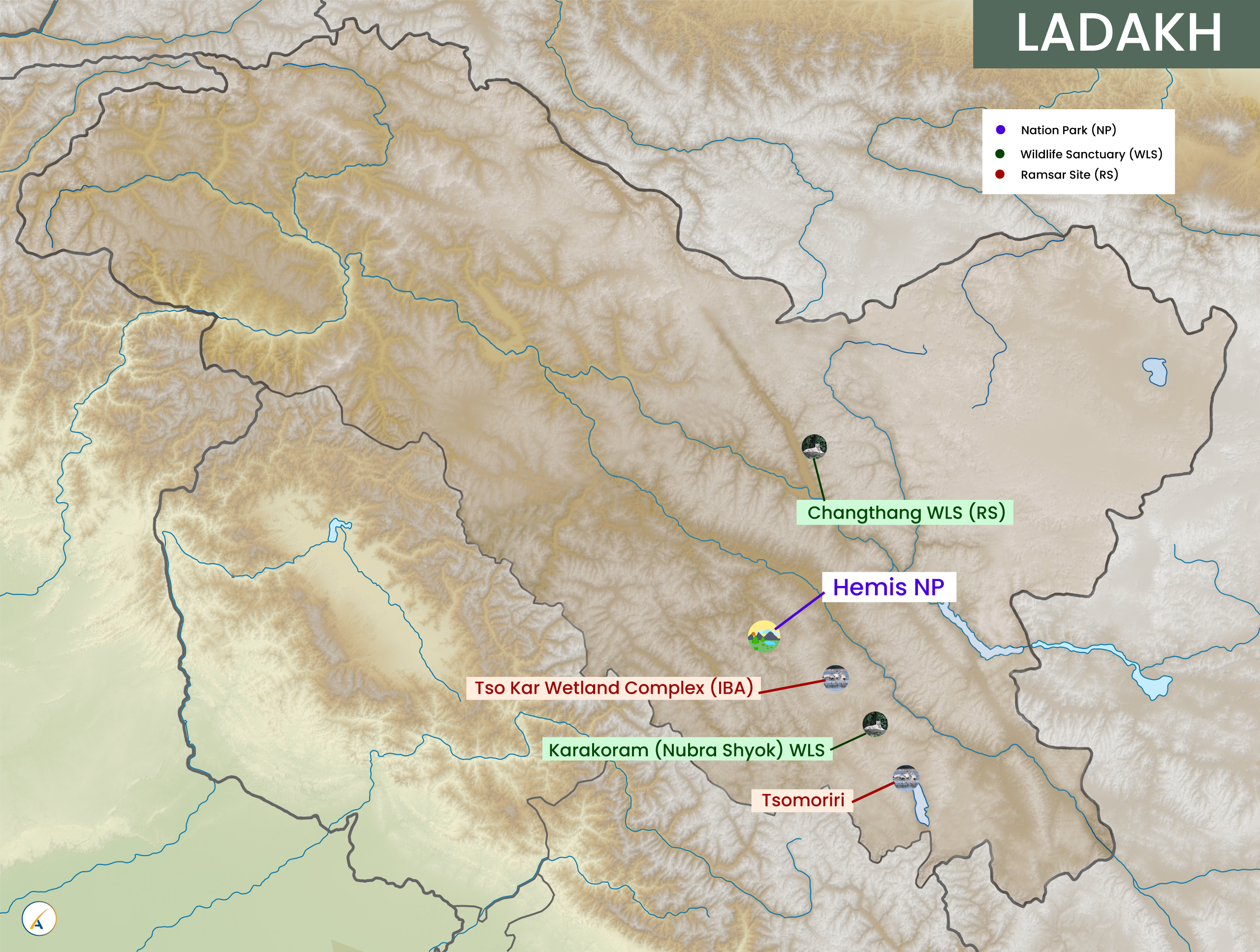 Ladakh National Parks, Wildlife Sanctuaries & Ramsar Sites Map