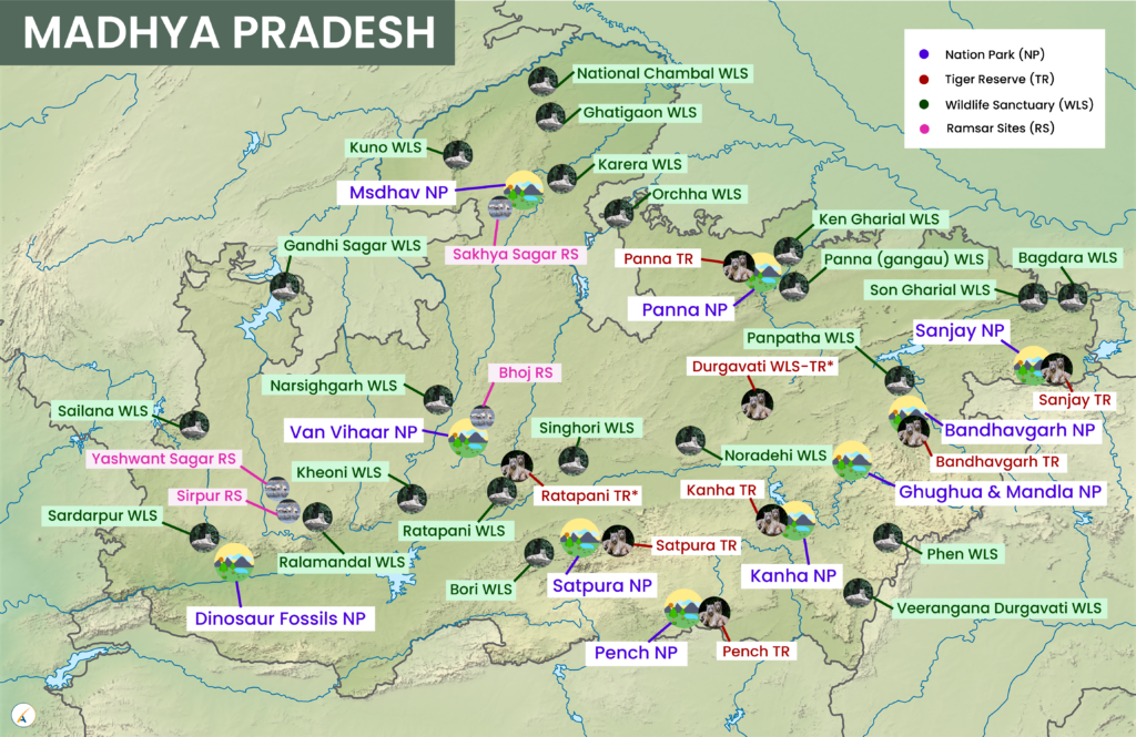 Madhya Pradesh National Parks, Tiger Reserves, Wildlife Sanctuaries & Ramsar Sites Map