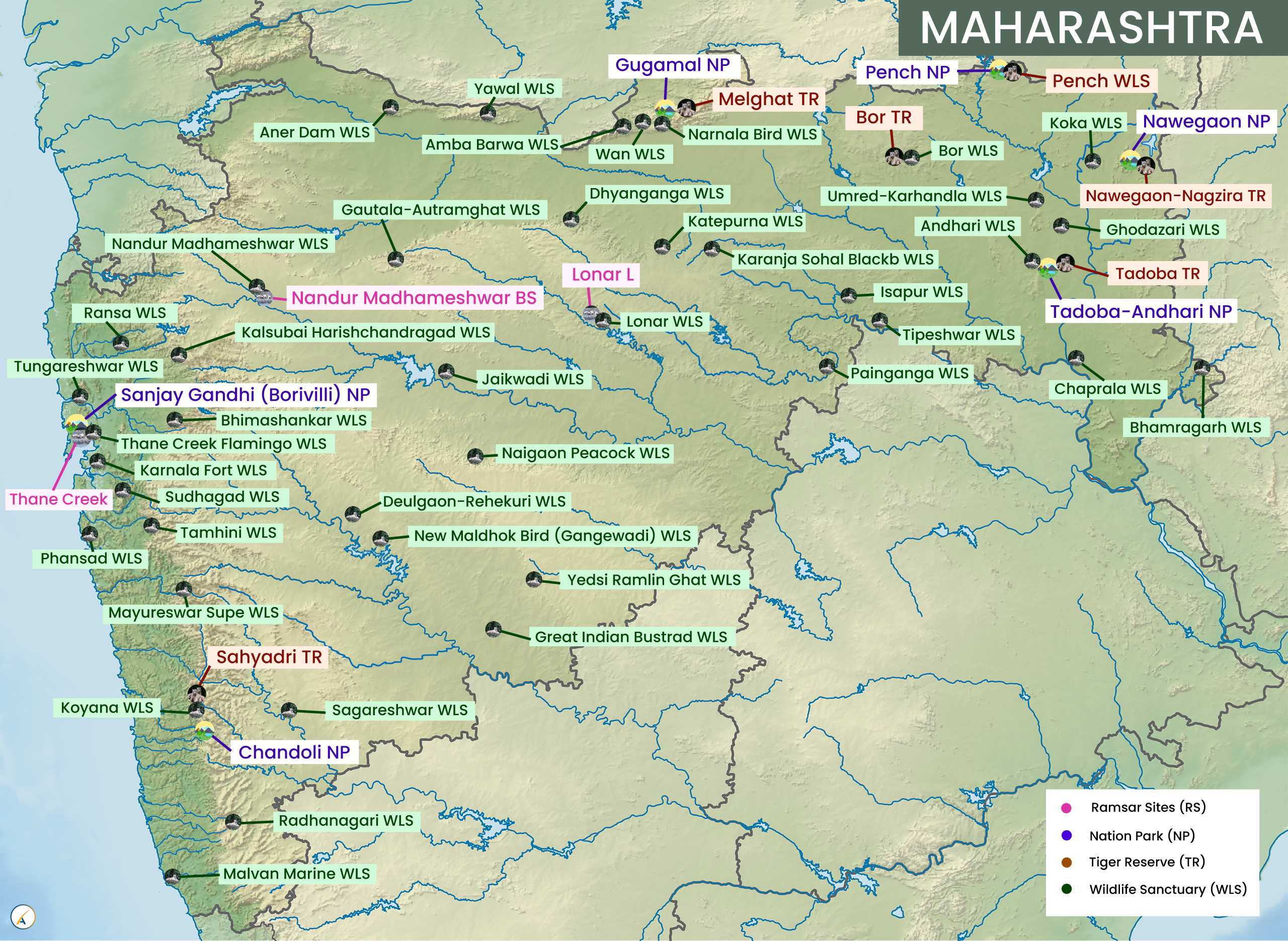 Maharashtra National Parks, Tiger Reserves, Wildlife Sanctuaries & Ramsar Sites Map