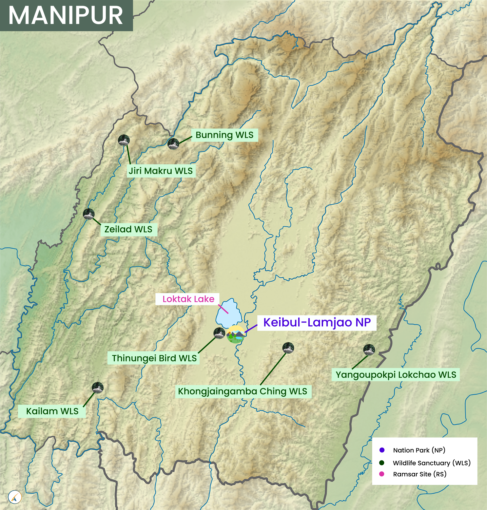 Manipur National Parks, Wildlife Sanctuaries & Ramsar Sites Map