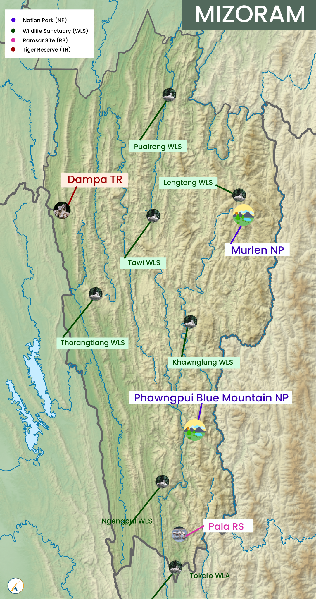 Mizoram National Parks, Wildlife Sanctuaries & Ramsar Sites Map