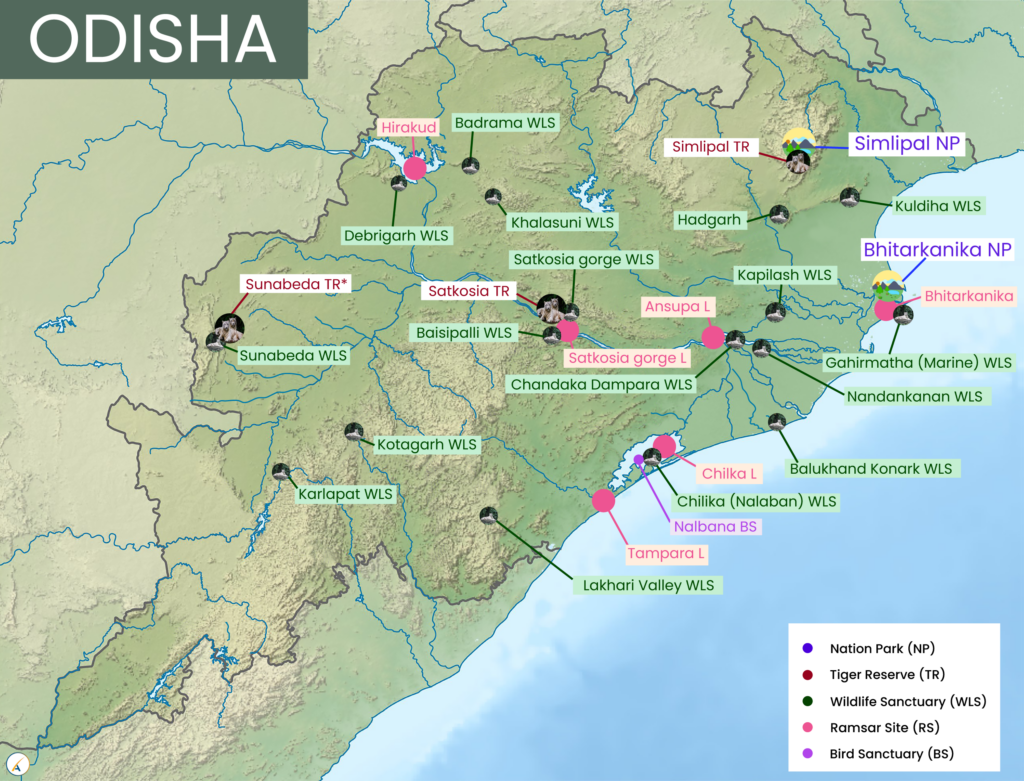 Odisha National Parks, Tiger Reserves, Wildlife Sanctuaries & Ramsar Sites Map