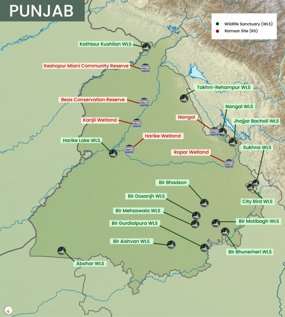 Punjab National Parks, Wildlife Sanctuaries & Ramsar Sites Map