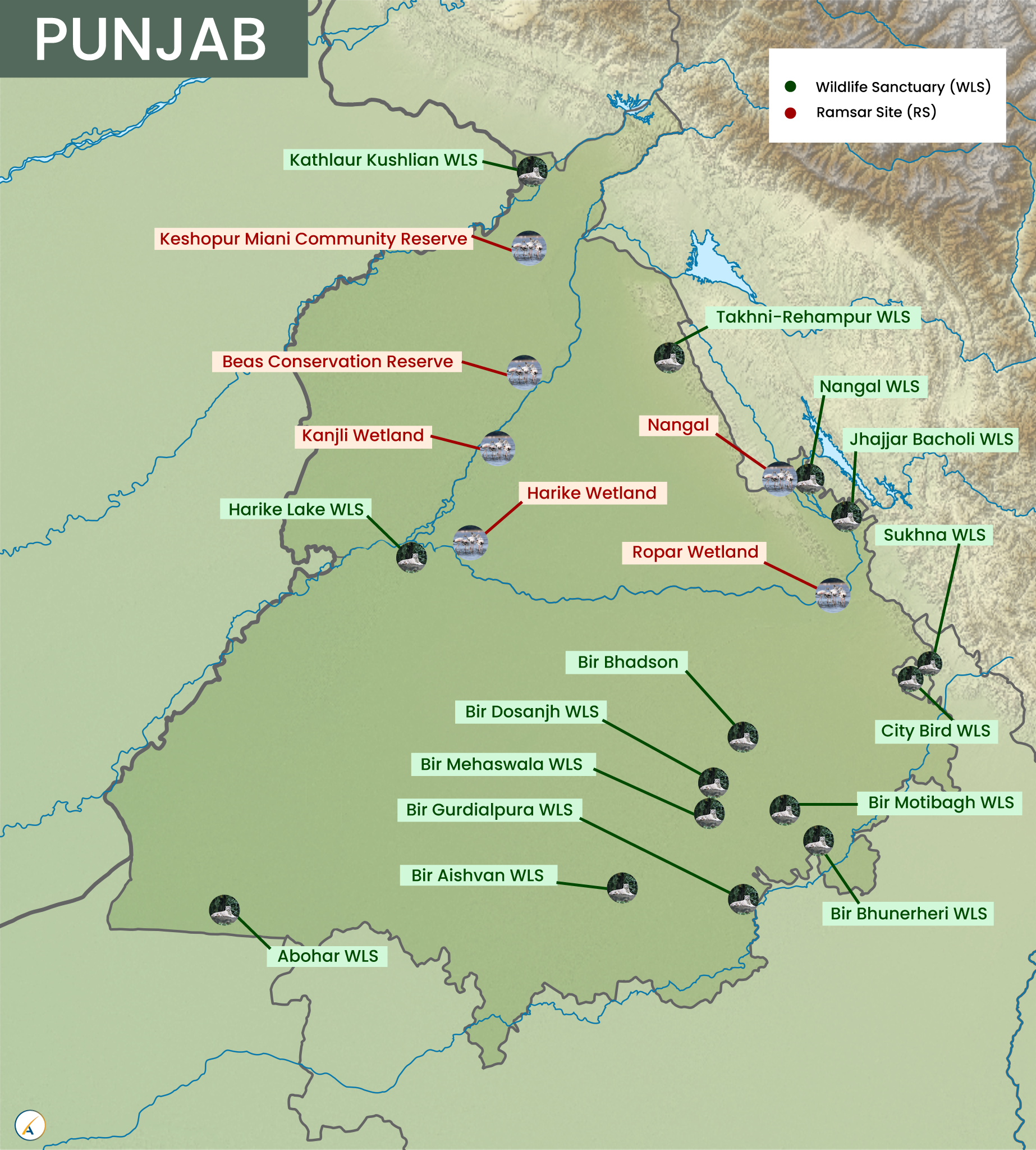 Punjab National Parks, Wildlife Sanctuaries & Ramsar Sites Map