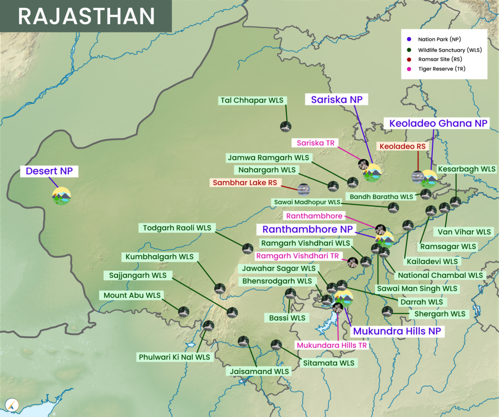 Rajasthan National Parks, Tiger Reserves, Wildlife Sanctuaries & Ramsar Sites Map