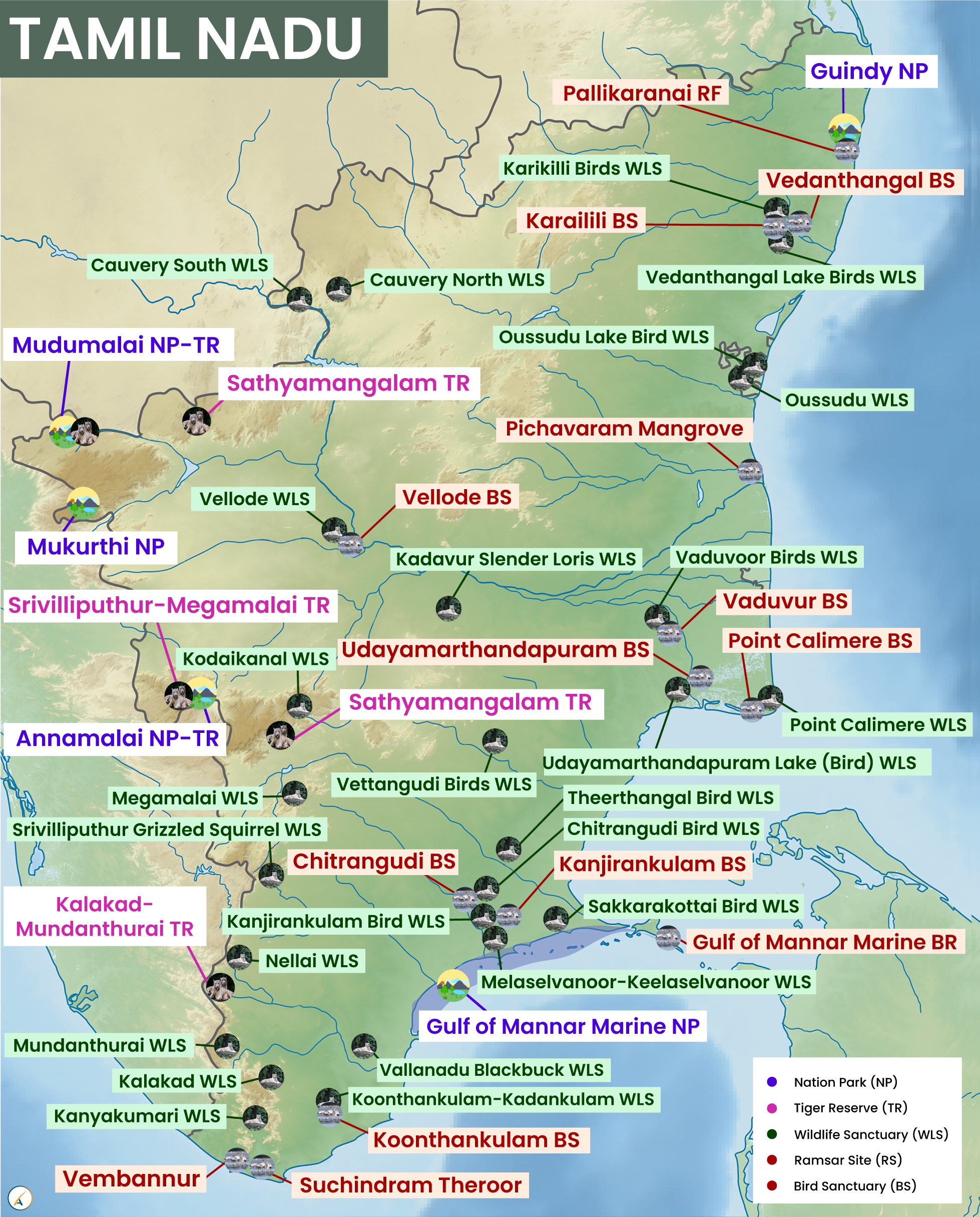 Tamil Nadu National Parks, Tiger Reserves, Wildlife Sanctuaries & Ramsar Sites