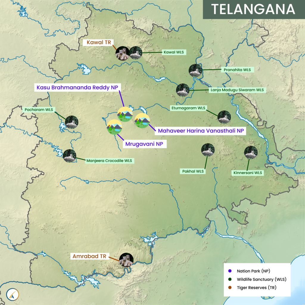Telangana National Parks, Tiger Reserves and Wildlife Sanctuaries Map