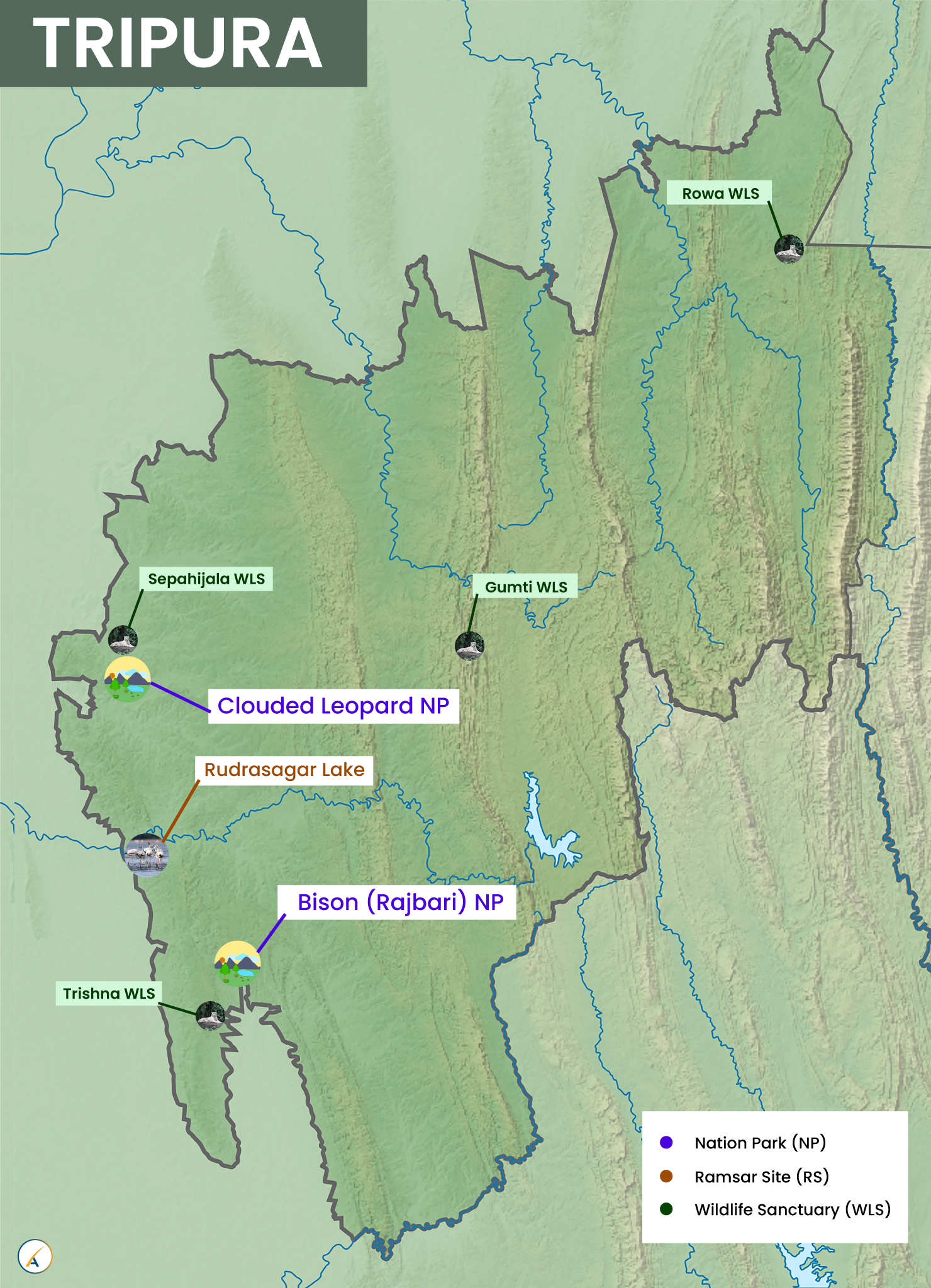 Tripura National Parks, Wildlife Sanctuaries & Ramsar Sites Map