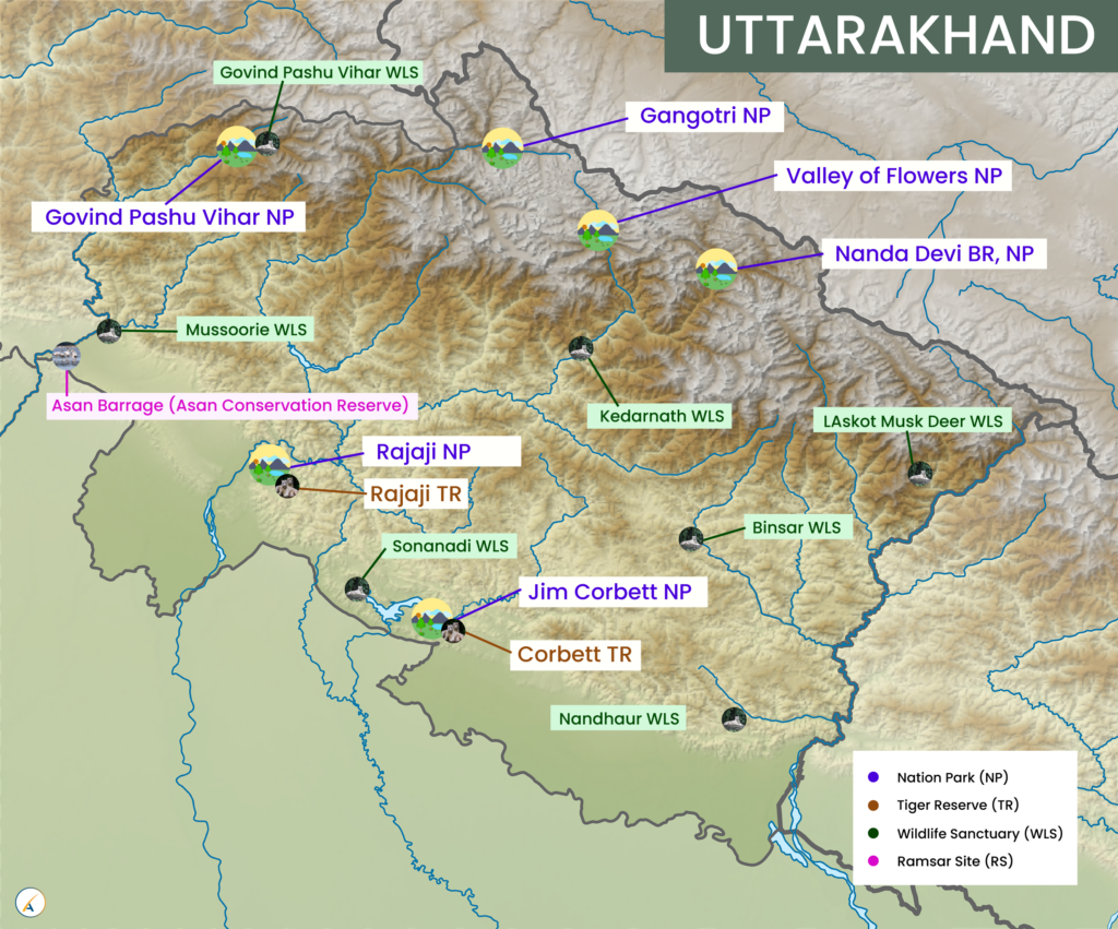 Uttarakhand National Parks, Tiger Reserves, Wildlife Sanctuaries & Ramsar Sites Map