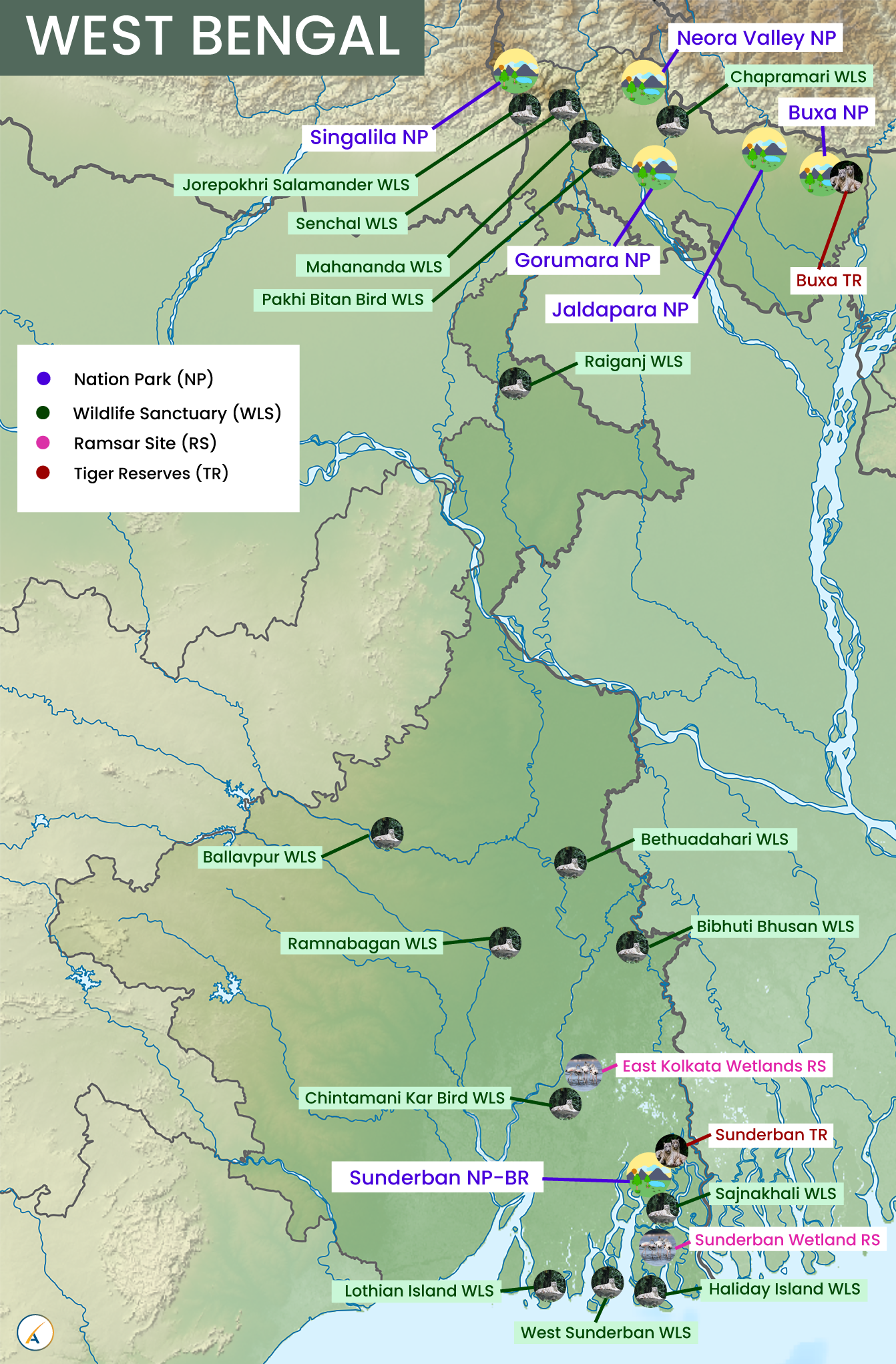 West Bengal National Parks, Tiger Reserves, Wildlife Sanctuaries & Ramsar Sites Map