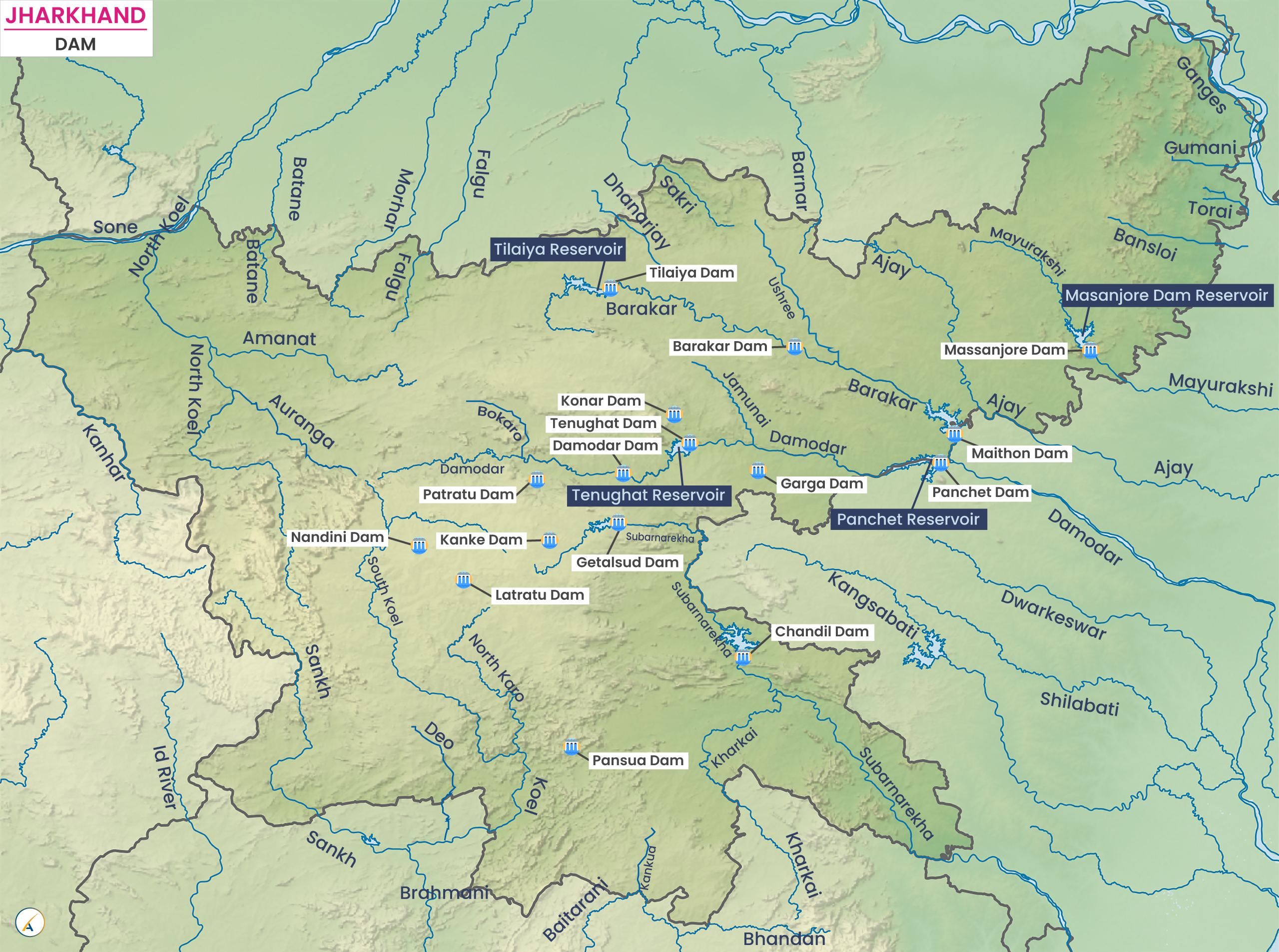 Major Dams in Jharkhand (Map)