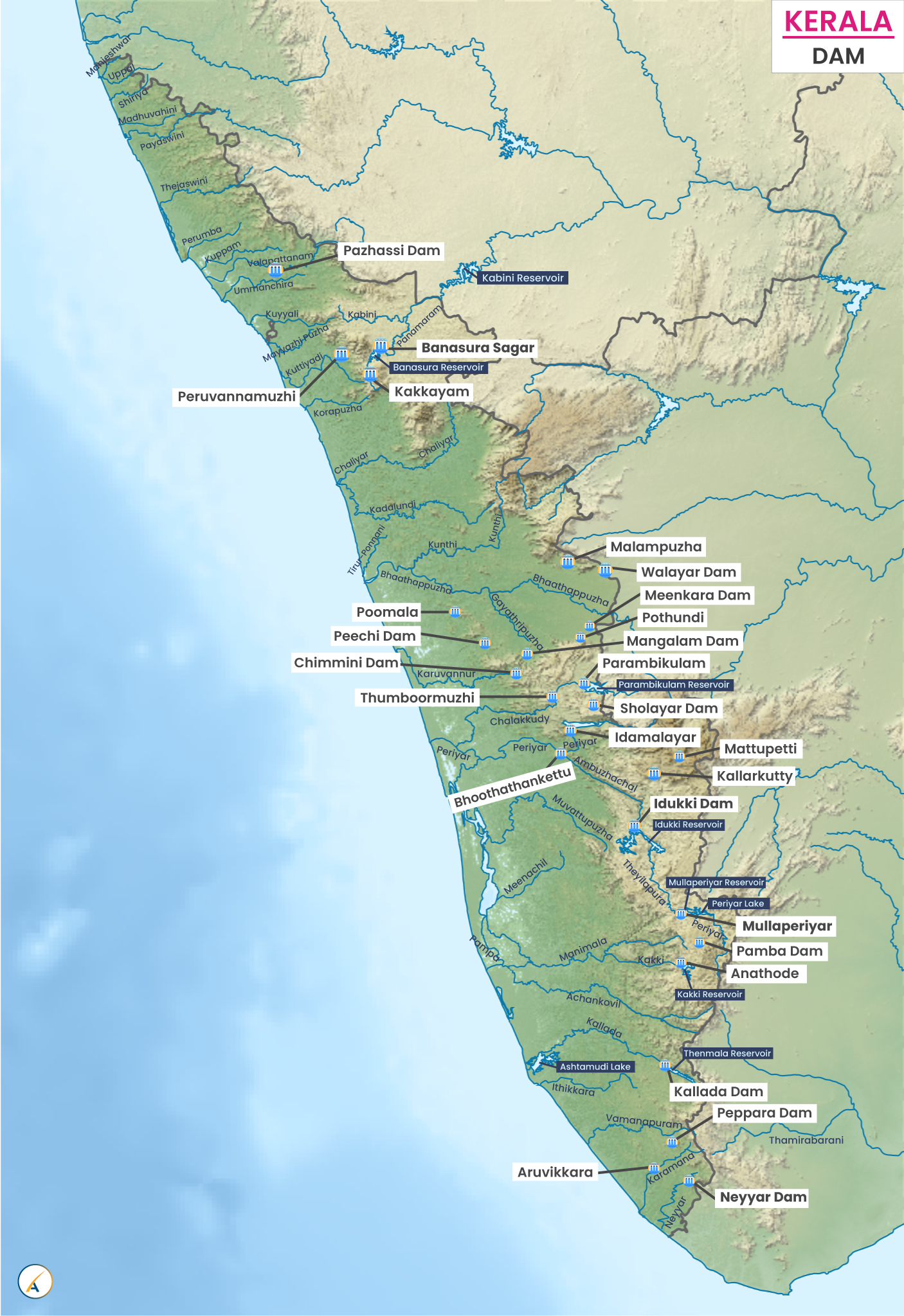 Major Dams in Kerala (Map)