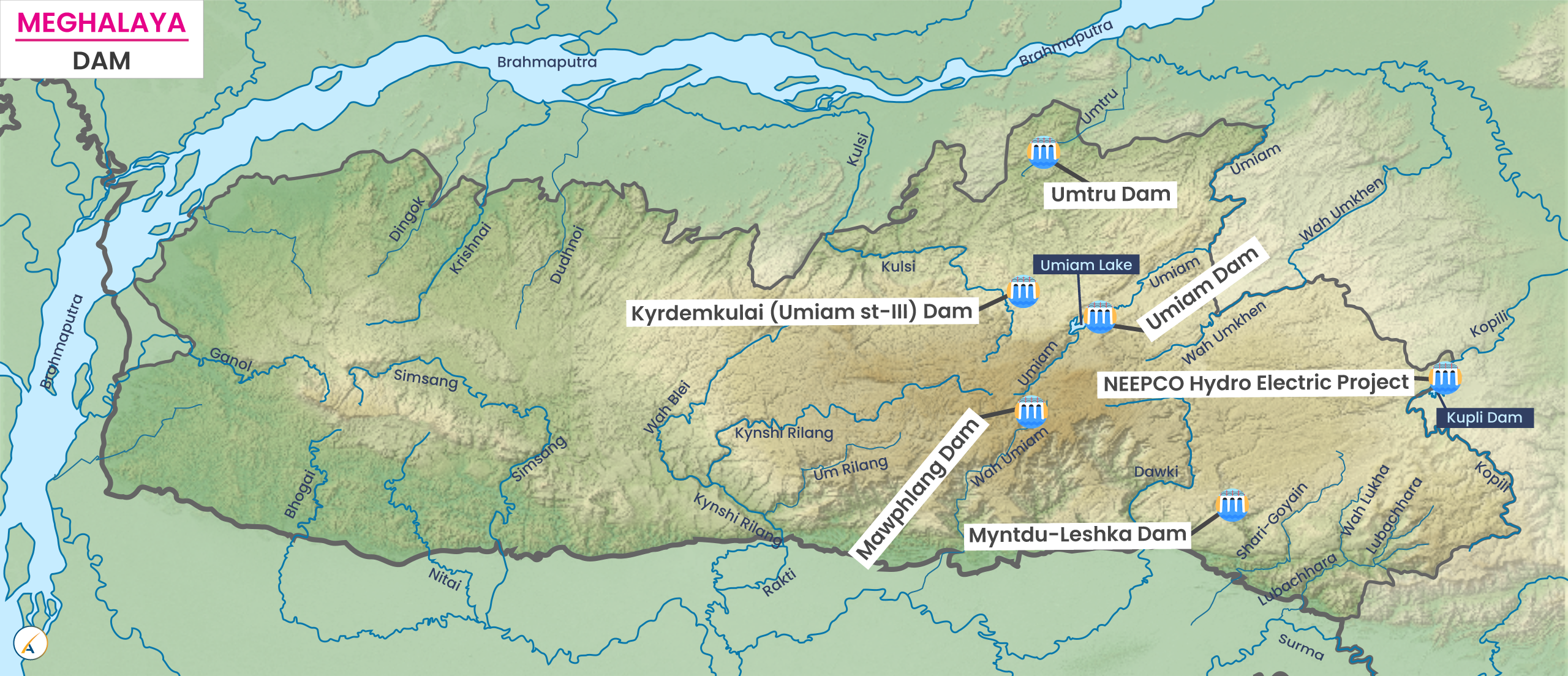 Major Dams in Meghalaya (Map)