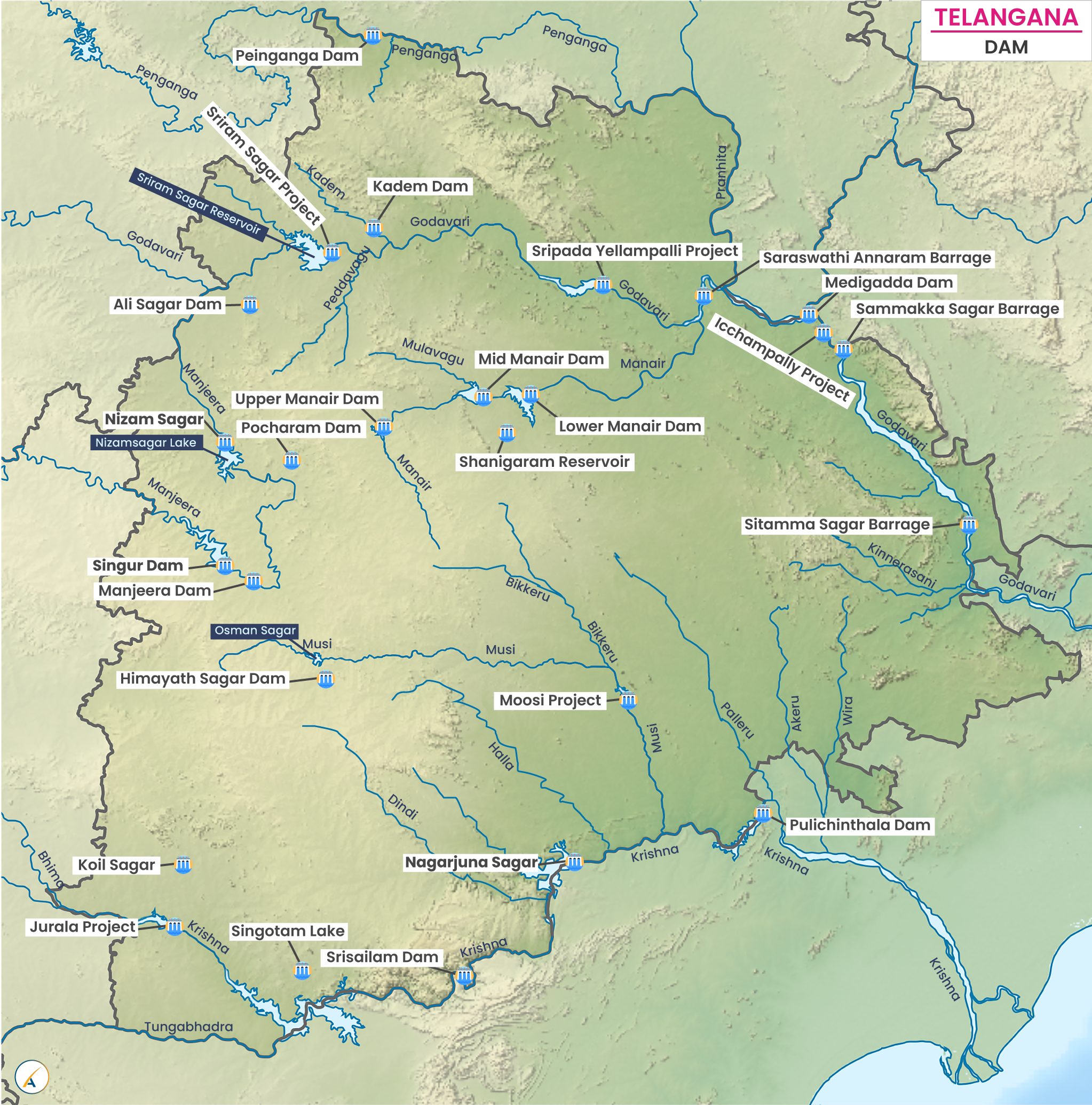Major Dams in Telangana (Map)