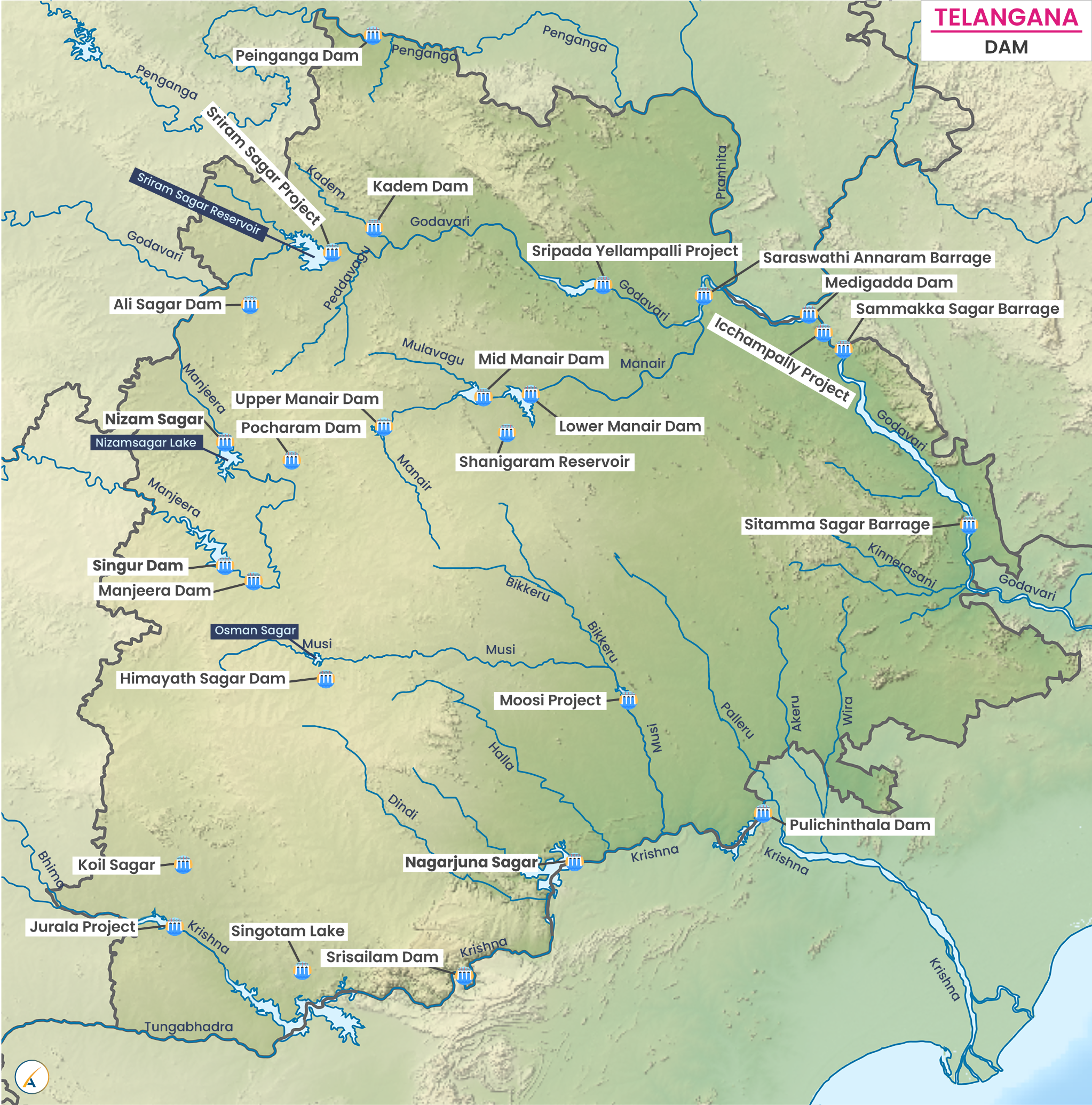 Major Dams in Telangana (Map)
