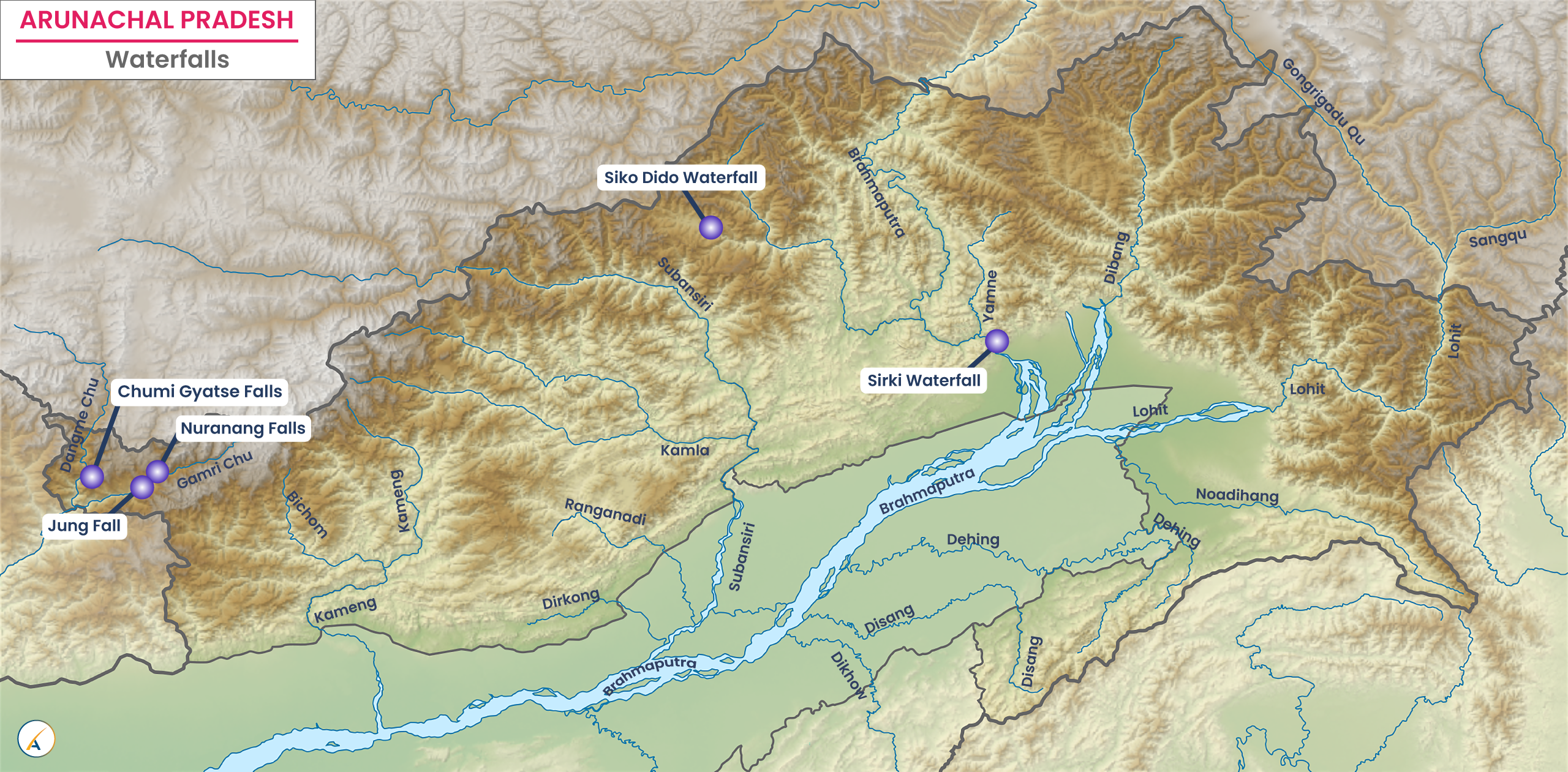 Waterfalls in Arunachal Pradesh (Map)