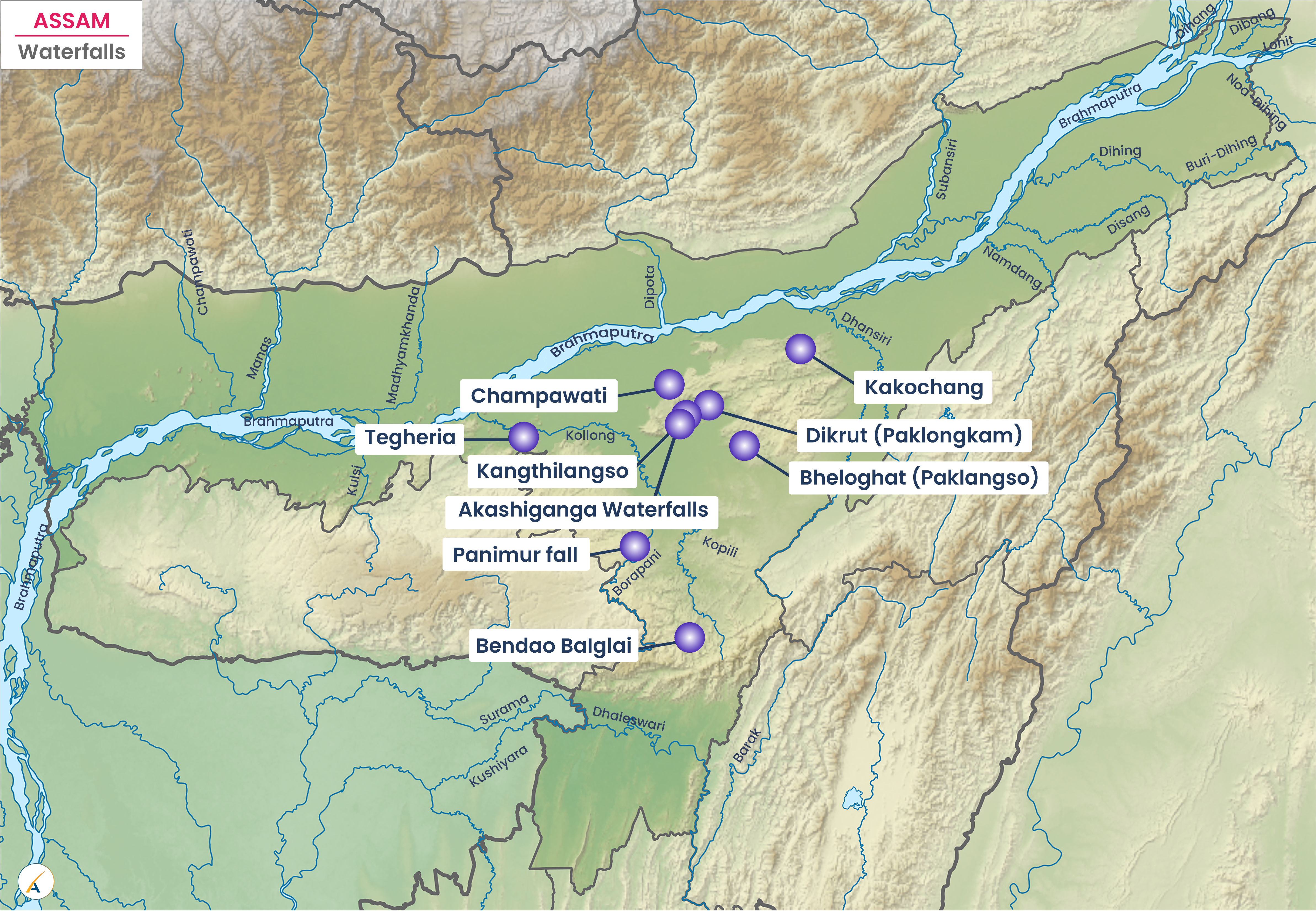 Waterfalls in Assam (Map)