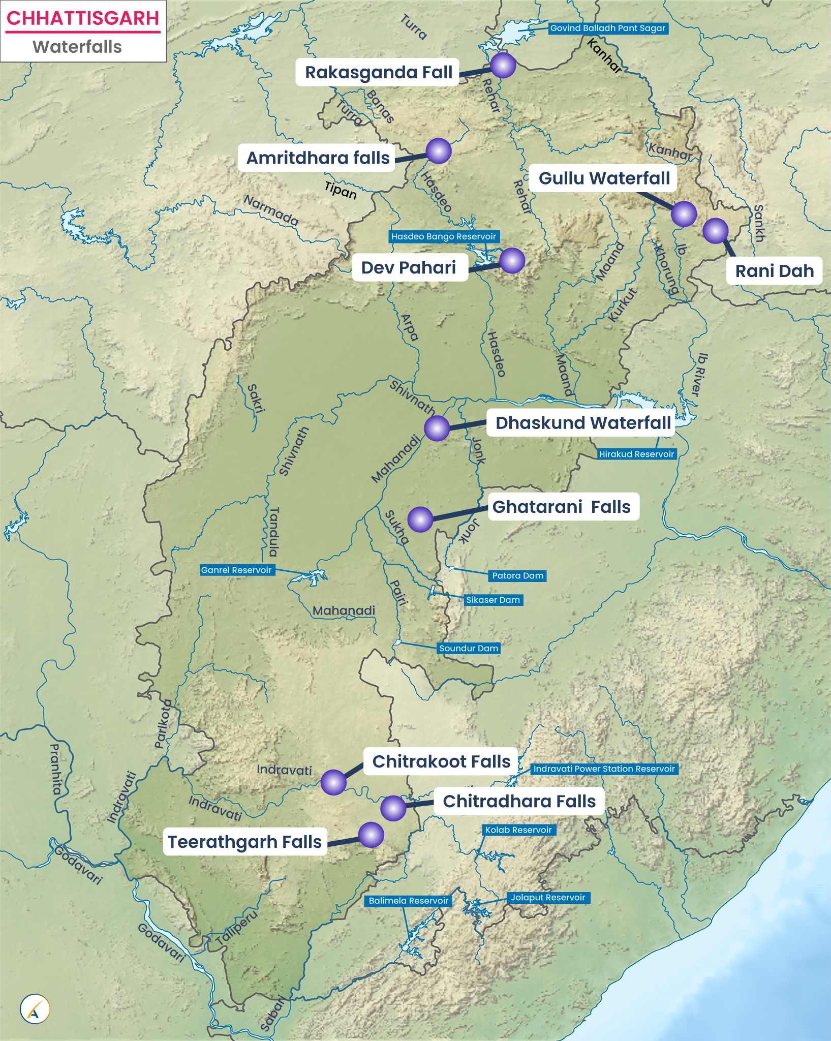 Waterfalls in Chhattisgarh (Map)