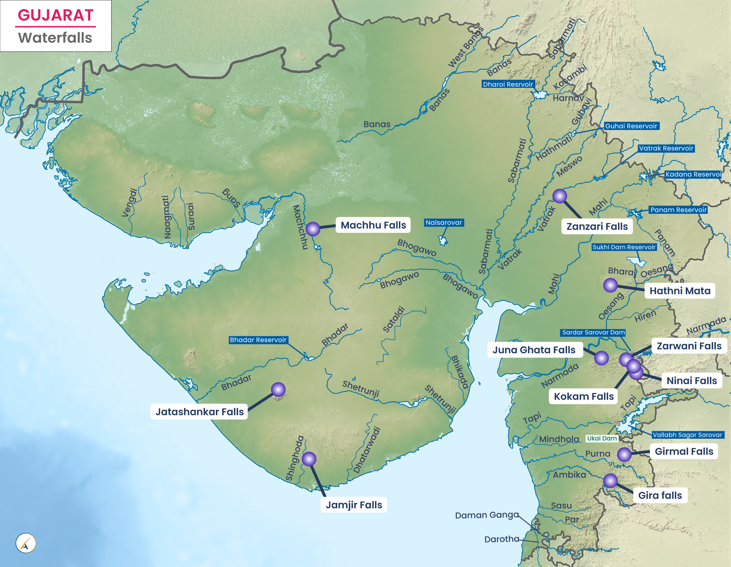 Waterfalls in Gujarat (Map)
