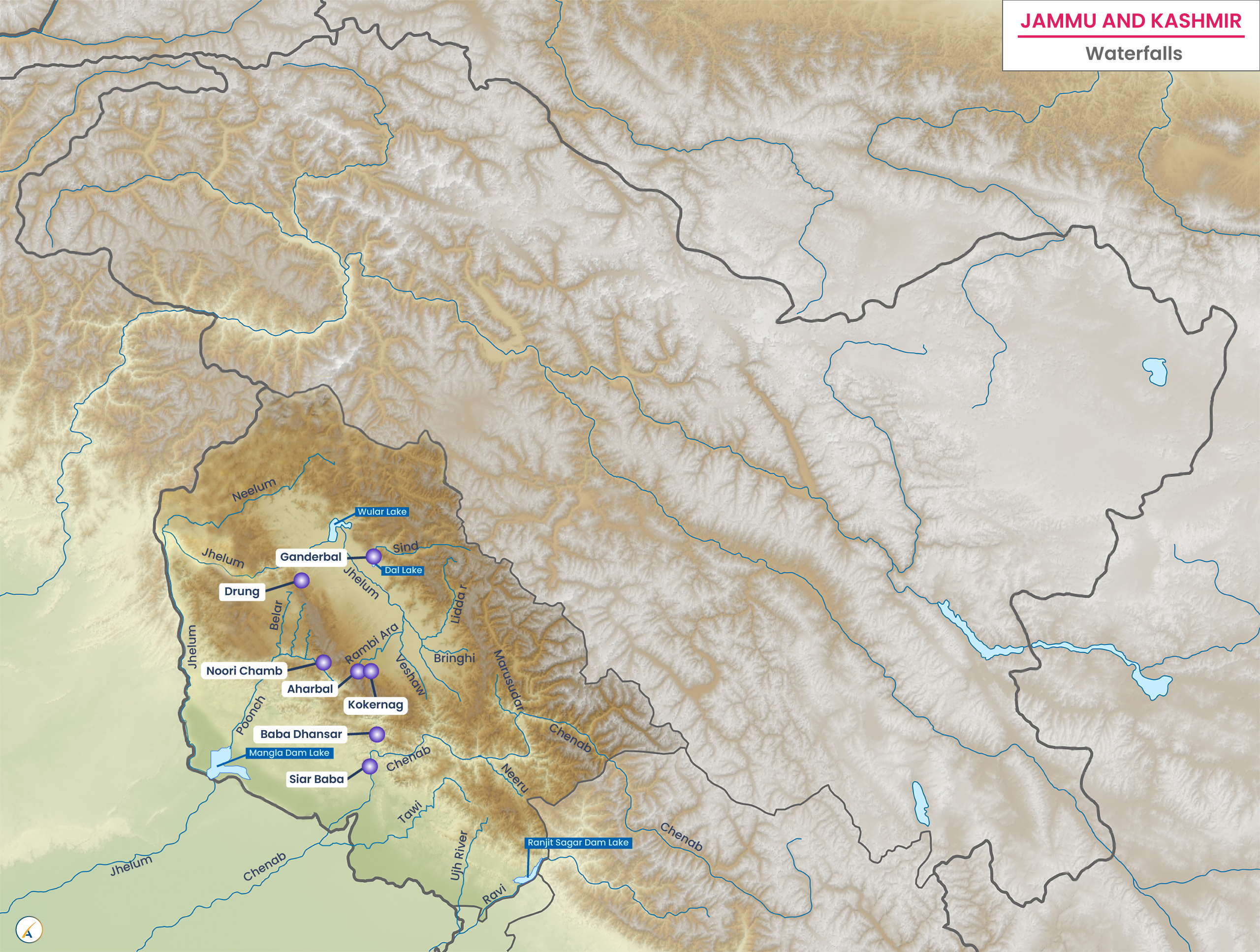 Waterfalls in Jammu and Kashmir (Map)