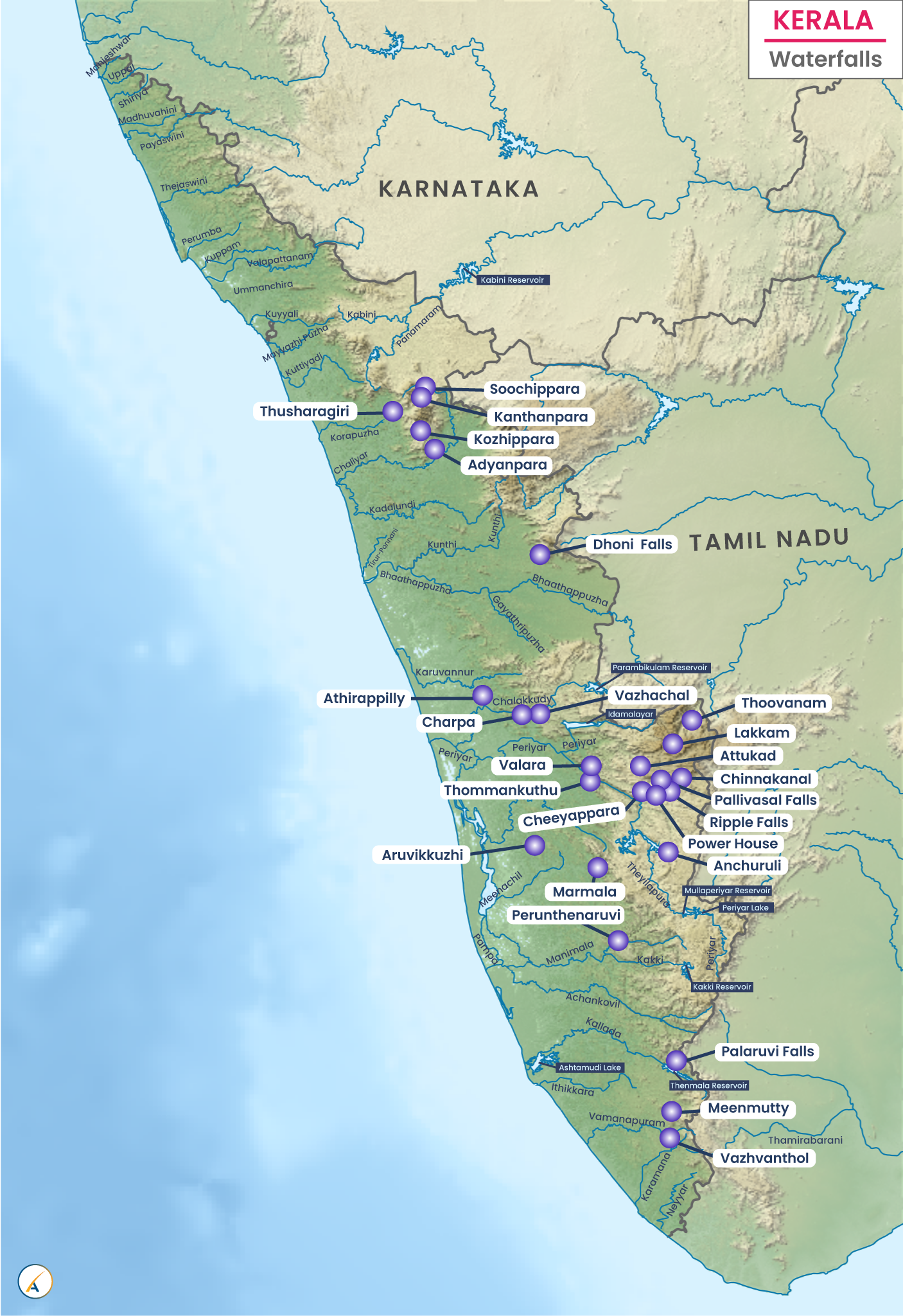 Waterfalls in Kerala (Map)