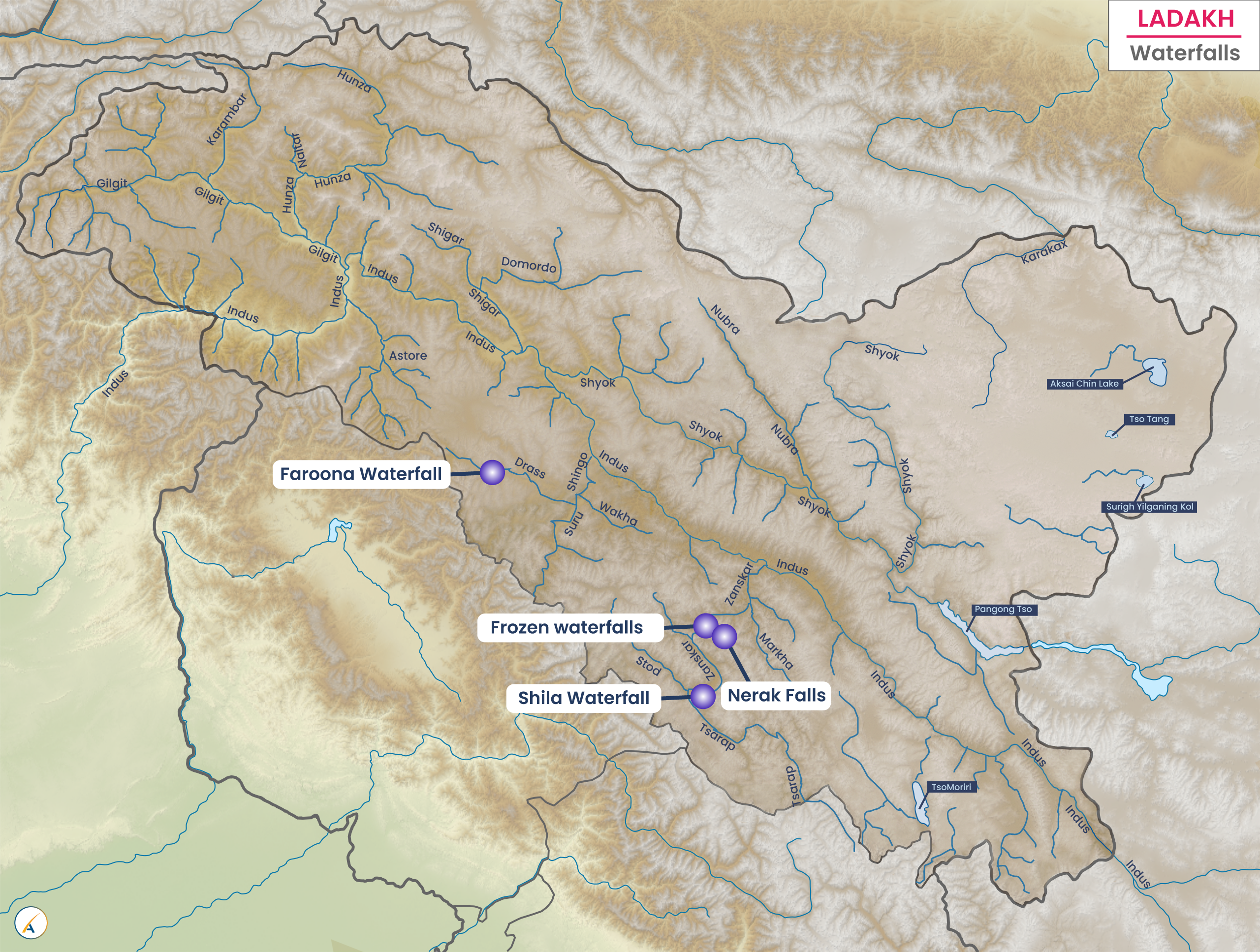 Waterfalls in Ladakh (Map)