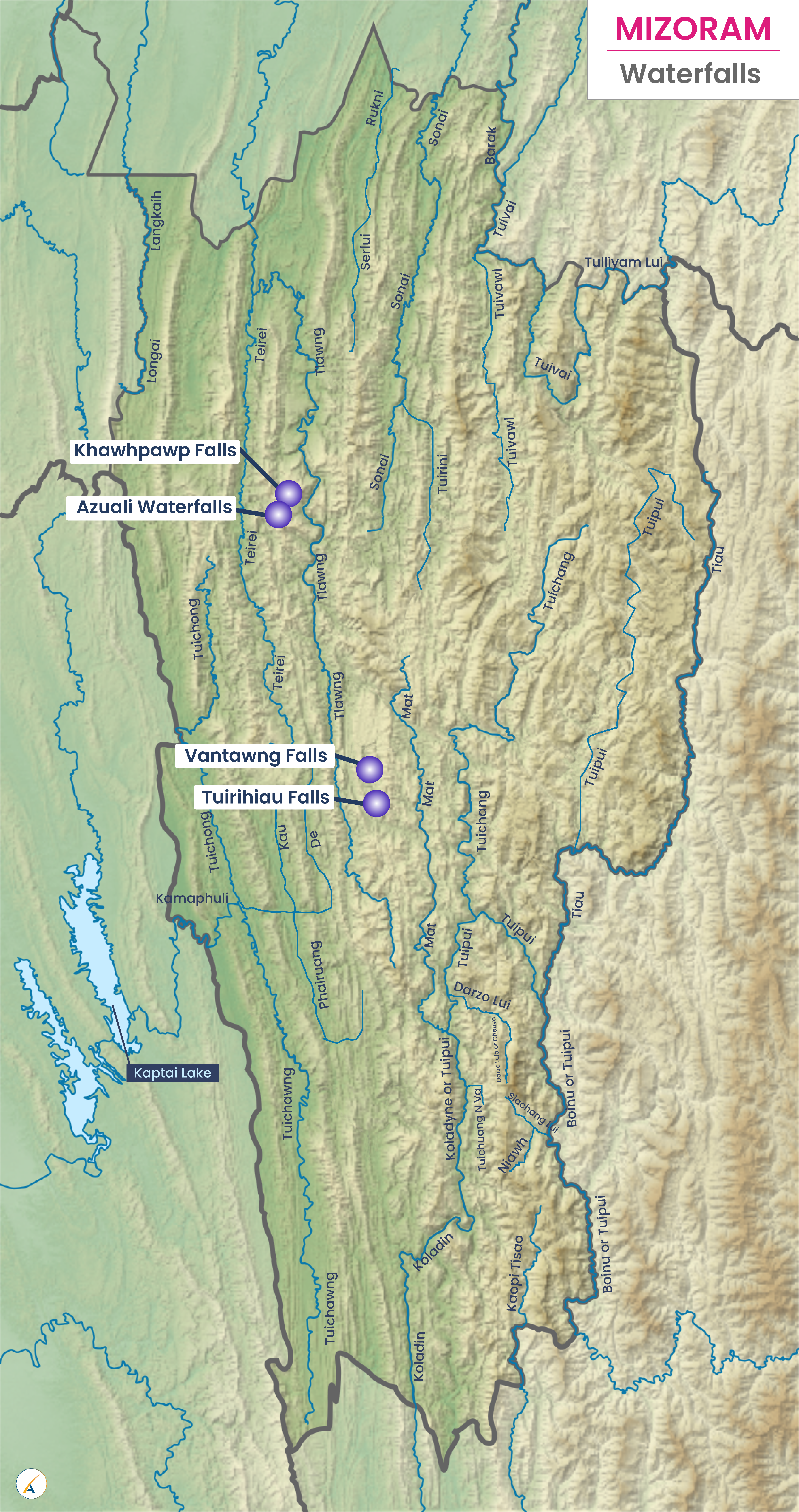 Waterfalls in Mizoram (Map)